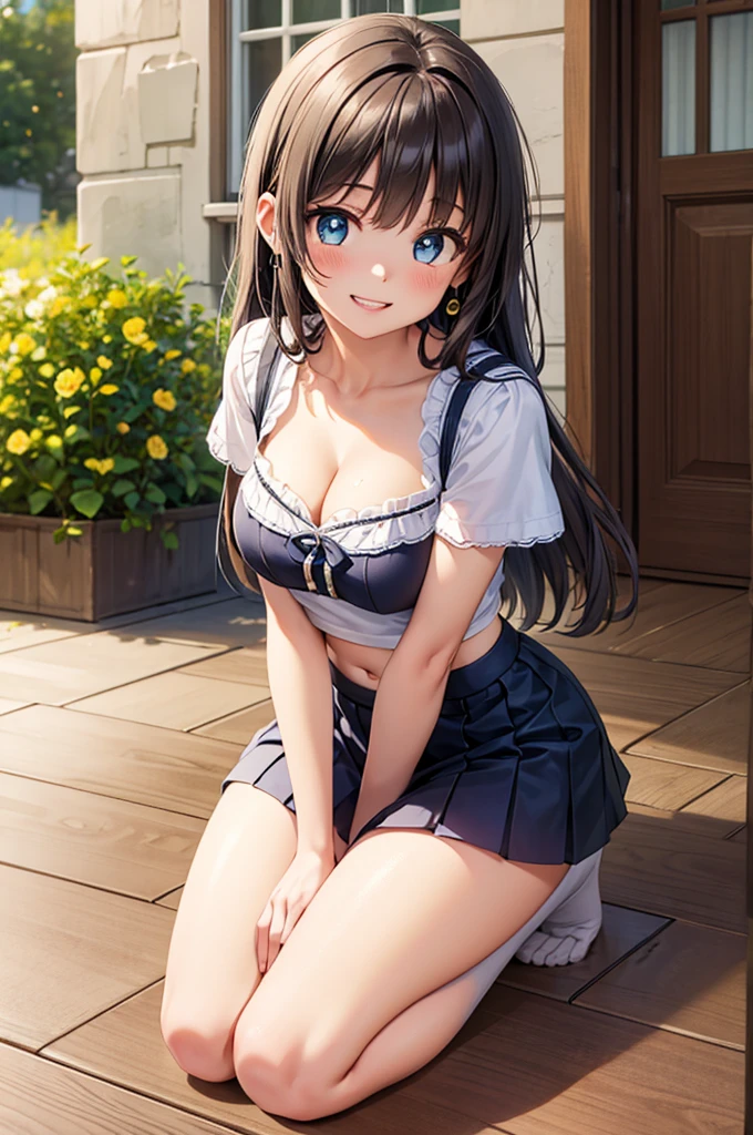 ((((Highest quality, High resolution)))), Extremely detailed 8K, Beautiful girl with slim body, (Ultra HD, Very detailed, Very detailed, Very realistic, Ultra-realistic, Photo Real), (One girl:1.5), Long Hair、Twin tails、Brown eyes, (Medium Breast: 1.2), (Beautifully detailed face, Beautiful attention to detail), (Sheer blouse:1.4),(Cleavage)、(Light of the sun, sunlight),(slender:1.5),(Light clothing:1.6),(Open chest)、(Idol face:1.7),(Beautiful eyes)、(Beautiful face)、(Toned body:1.5),(masterpiece:1.8),Blushing、Beautiful Skin、Moist eyes、Embarrassed expression、smile、(Slim and beautiful legs:1.4),(mini skirt:1.4),(Panty shot:1.4),(squat:1.2)、(Charm:1.3),(Seductive posture:1.4),(Sitting with legs crossed:1.5),(from the front)、Shine、