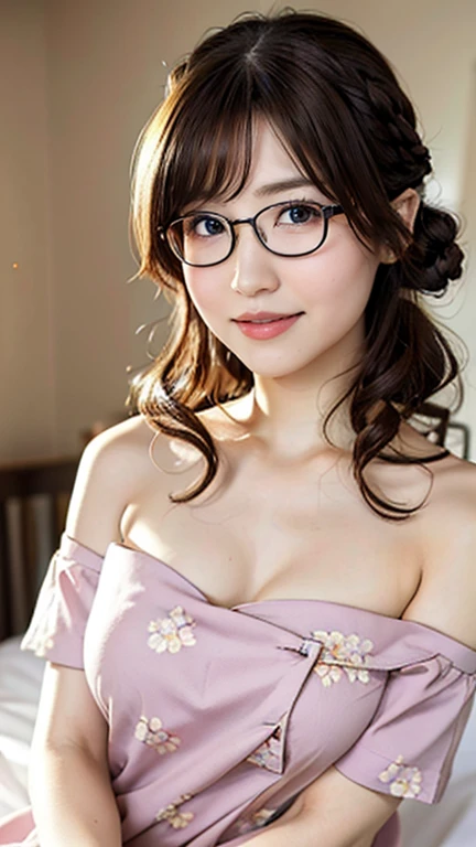 masterpiece,extremely detailed,CG,unity,8, wallpaper,best quality,realistic,photo-realistic,RAW photo,artistc,finely detail,award winning photo,Grand Prix Award photo,cinematic lighting,perfect body,thin waist,beautiful,cute,1lady,office lady,26years old,black very short pixie hair, BREAK (onsen yukata with floral pattern),long sleeve,((all fours on the white futon)),(angle from below:1.5),looking at viewer,ryokan,room,(smile:1.2),(downblouse:1.3), (nipslip:1.3),(cleavage),(Glasses:1.3),