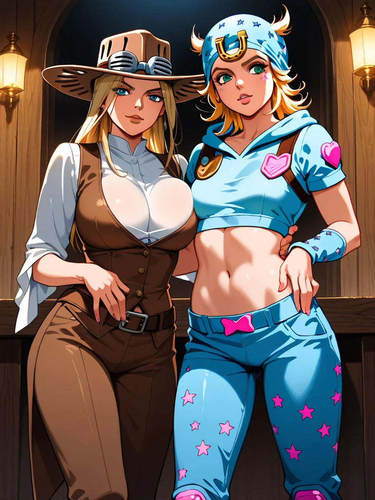 2 girls, (several girls), Princess Peach, Rosalina (a character who made her debut in the game Super Mario Galaxy. Appears for the first time in Galaxy Portal), are two girls and are highly detailed, beautiful faces, detailed eyes, perfect anatomy , detailed lips, wears a cowboy hat, with fringes, vest with a sheriff's star, defined waist, without the bottom part, wearing black and sensual lace panties, belly exposed, scarf around both of their necks, big breasts, they are at the beginning of a Wild West town in the background, with a sunset set in the background with few clouds in the sky in a Wild West sunset
