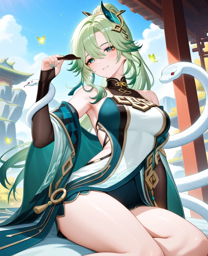 1 girl, (ulzzang-6500:0.7), kpop idol, sim miko, detached sleeves, bared shoulders, pink hair, long hair, Japanese clothing, best qualityer, (painting-like:1.5), (hair ornament:1.35), jewerly, purples eyes, aretes, breastsout, torii, Cherry blossoms, lantern light, Depth of field, face detailed, Facial Focus, cinta_trim, (gazing at viewer:1.25), non-traditional miko, shining skin, long sleeves, ssmile, thick lips, CG game, hands on lips, East Asian architecture, (nblurry background:1.2), sitting down, trunk,