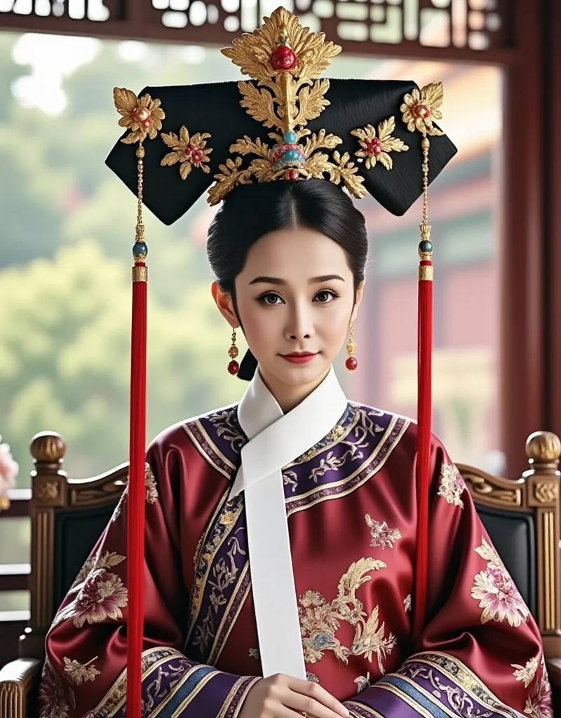 [CHARACTER: Tang Dynasty Imperial Noblewoman]  
Appearance: A breathtakingly beautiful Chinese woman with luminous porcelain skin, elegant oval face, soft round eyes, and an aura of authority mixed with sensuality.  
Outfit: Wearing an **extravagant Tang Dynasty hanfu**, with layers of **rich silk robes** in hues of deep red, gold, or royal purple, adorned with **phoenix and peony embroidery**, golden trims, and flowing wide sleeves. Her outer robe drapes gracefully, revealing inner layers with intricate brocade.  
Hair: Styled in a **tall, elaborate Tang court updo**, decorated with **gold phoenix pins**, **jeweled crowns**, **floral hair ornaments**, and **dangling pearl strings**.  
Expression: Regal and composed, with a soft, knowing smile or a serene, powerful gaze — full of imperial charm and timeless grace.  

[SCENE]  
Location: Standing or seated in a **Tang Dynasty palace hall**, or on a marble terrace with carved dragons, red pillars, and hanging silk drapes. Optionally near **an imperial lotus garden** or **silk-curtained balcony** overlooking the court.  
Lighting: Warm golden indoor lighting, with beams of sunlight from tall windows or lanterns casting soft highlights on silk textures and jewelry.  
Mood: Grand, majestic, and intimate — capturing the elegance and dominance of a woman born to rule.  

[CAMERA]  
Full-body or mid-length portrait, capturing the flow of the robes, the headdress, and facial expression. Side angle or slight tilt for cinematic drama.  

[STYLE]  
Ultra-realistic 8K, cinematic lighting, dramatic shadows, soft focus on background to enhance regal presence.  
Avoid cartoonish tone — use royal color palette, authentic textures, and Tang Dynasty aesthetics.
