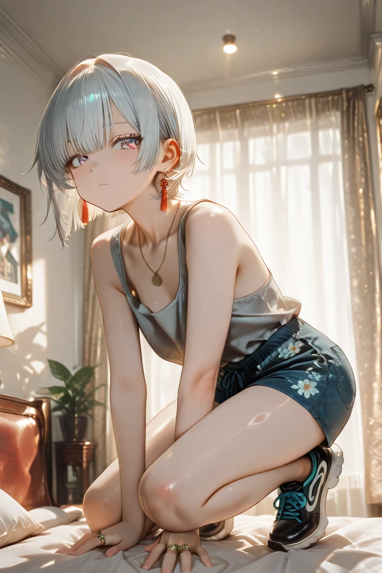 ((best quality)), ((masterpiece)), (detailed), 1girl, Tanktop. bottomless. white hair. Short hair. Pink eyes. Armpit.