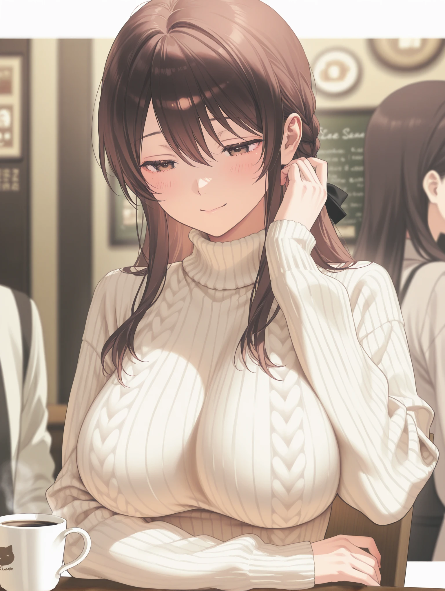 (miniature woman on a table below the breasts and face of a giantess girl: 1.3), (miniature people sitting at a table below the breasts of a giantess: 1.1), (miniature woman in front of a giantess looking down on them), closeup breasts and face, (from below view: 1.2), (medium sized breasts), cleavage, (indoors: 1.1), (2girls: 1.5), (height difference: 1.9), (size difference: 1.3), (mature adult woman: 1.3), (yuri: 1.2), (brown skinned girl with brown hair brown eyes bangs big hair: 1.1), (cafe: 1.1), cute dress