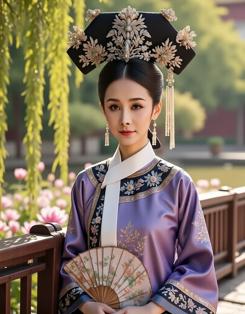 [CHARACTER: Tang Dynasty Imperial Noblewoman]  
Appearance: A breathtakingly beautiful Chinese woman with luminous porcelain skin, elegant oval face, soft round eyes, and an aura of authority mixed with sensuality.  
Outfit: Wearing an **extravagant Tang Dynasty hanfu**, with layers of **rich silk robes** in hues of deep red, gold, or royal purple, adorned with **phoenix and peony embroidery**, golden trims, and flowing wide sleeves. Her outer robe drapes gracefully, revealing inner layers with intricate brocade.  
Hair: Styled in a **tall, elaborate Tang court updo**, decorated with **gold phoenix pins**, **jeweled crowns**, **floral hair ornaments**, and **dangling pearl strings**.  
Expression: Regal and composed, with a soft, knowing smile or a serene, powerful gaze — full of imperial charm and timeless grace.  

[SCENE]  
Location: Standing or seated in a **Tang Dynasty palace hall**, or on a marble terrace with carved dragons, red pillars, and hanging silk drapes. Optionally near **an imperial lotus garden** or **silk-curtained balcony** overlooking the court.  
Lighting: Warm golden indoor lighting, with beams of sunlight from tall windows or lanterns casting soft highlights on silk textures and jewelry.  
Mood: Grand, majestic, and intimate — capturing the elegance and dominance of a woman born to rule.  

[CAMERA]  
Full-body or mid-length portrait, capturing the flow of the robes, the headdress, and facial expression. Side angle or slight tilt for cinematic drama.  

[STYLE]  
Ultra-realistic 8K, cinematic lighting, dramatic shadows, soft focus on background to enhance regal presence.  
Avoid cartoonish tone — use royal color palette, authentic textures, and Tang Dynasty aesthetics.
