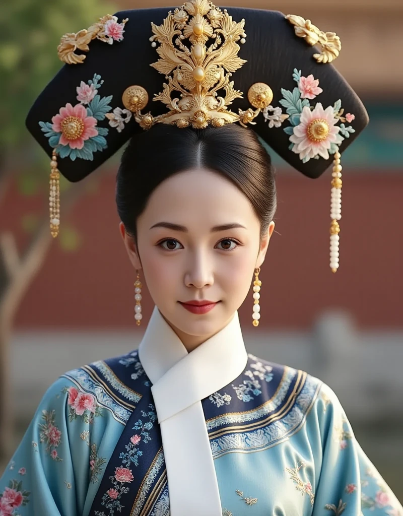 [CHARACTER: Tang Dynasty Imperial Noblewoman]  
Appearance: A breathtakingly beautiful Chinese woman with luminous porcelain skin, elegant oval face, soft round eyes, and an aura of authority mixed with sensuality.  
Outfit: Wearing an **extravagant Tang Dynasty hanfu**, with layers of **rich silk robes** in hues of deep red, gold, or royal purple, adorned with **phoenix and peony embroidery**, golden trims, and flowing wide sleeves. Her outer robe drapes gracefully, revealing inner layers with intricate brocade.  
Hair: Styled in a **tall, elaborate Tang court updo**, decorated with **gold phoenix pins**, **jeweled crowns**, **floral hair ornaments**, and **dangling pearl strings**.  
Expression: Regal and composed, with a soft, knowing smile or a serene, powerful gaze — full of imperial charm and timeless grace.  

[SCENE]  
Location: Standing or seated in a **Tang Dynasty palace hall**, or on a marble terrace with carved dragons, red pillars, and hanging silk drapes. Optionally near **an imperial lotus garden** or **silk-curtained balcony** overlooking the court.  
Lighting: Warm golden indoor lighting, with beams of sunlight from tall windows or lanterns casting soft highlights on silk textures and jewelry.  
Mood: Grand, majestic, and intimate — capturing the elegance and dominance of a woman born to rule.  

[CAMERA]  
Full-body or mid-length portrait, capturing the flow of the robes, the headdress, and facial expression. Side angle or slight tilt for cinematic drama.  

[STYLE]  
Ultra-realistic 8K, cinematic lighting, dramatic shadows, soft focus on background to enhance regal presence.  
Avoid cartoonish tone — use royal color palette, authentic textures, and Tang Dynasty aesthetics.
