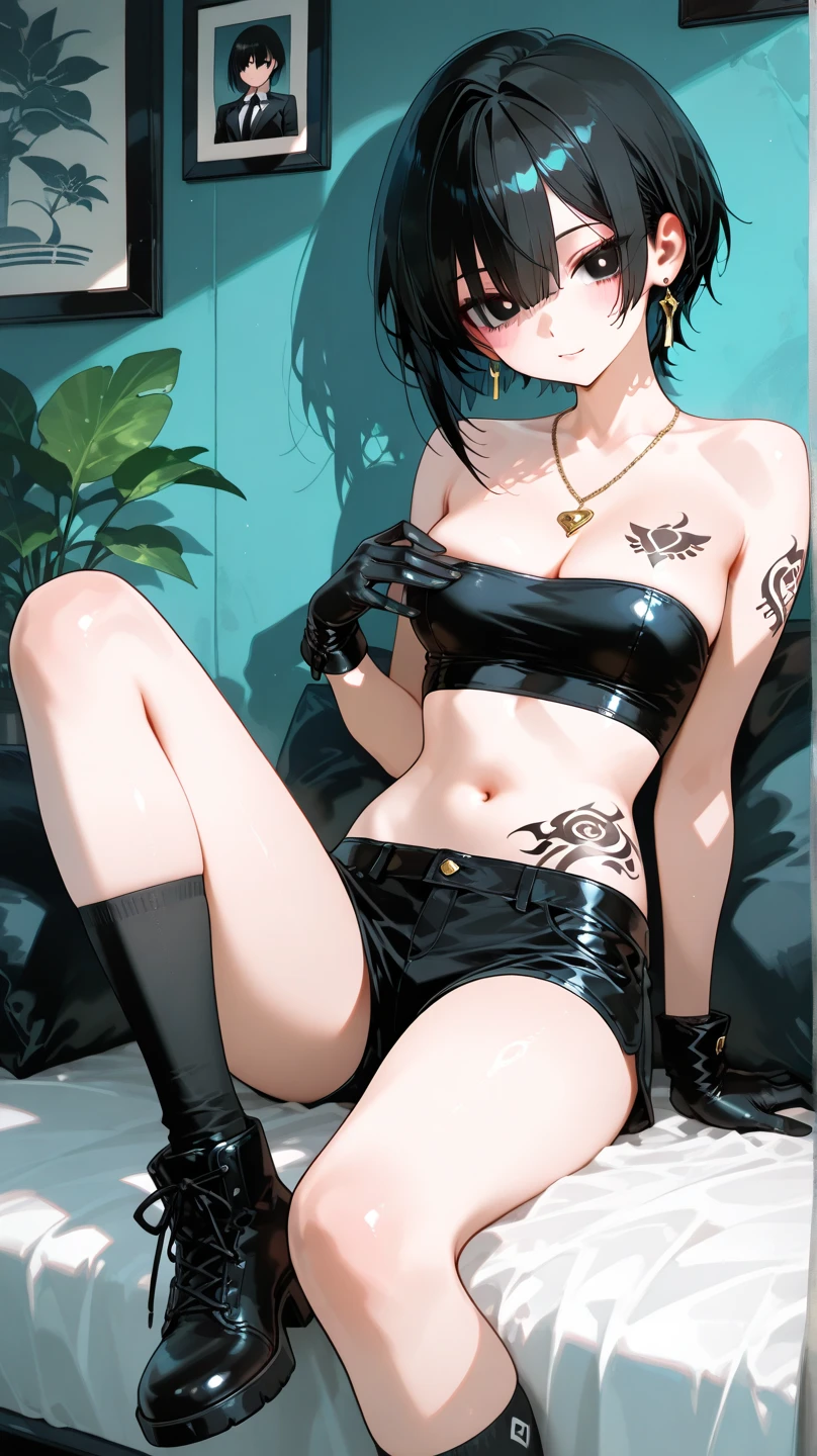 High resolution, adult woman , good lighting, despicable, , (No nudity), (((leather tight mini skirt))), ((tight leather top)), (((leather thigh high boots))), (garter belt), abdomen only, (wet shorts), , cute face, I'Iは恥ずかしくて赤面します, humiliating, ((spread one's legitimacy))(T-back)