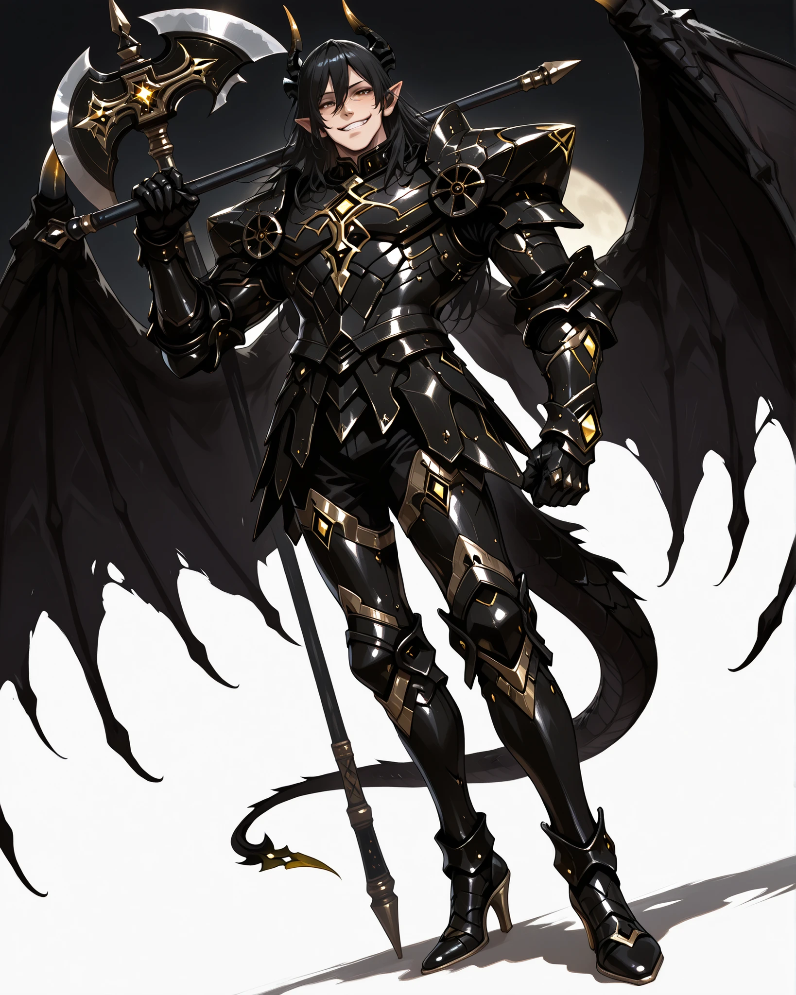 score_9, absurdres, (masterpiece, best quality: 1. 5), highres, 8K wallpaper, CG, (((Anime))), (1 male), solo, lean body, (masculine), (floating in the air), weredragon, japanese anime style, glossy black, shiny black leather, ((beautiful golden eyes, finely detailed eyes, bright eyes, vertical iris)), hair between eyes, black hair, long hair, sideburns, wild hair, unkempt hair, (sly grin, smirk, evil smile), teeth, confident, ((ultra detailed face)), shiny skin, long pointy ears, twisted torso, long-legged, sculpted face, wasp waist, dragon horn, dragon tail, dragon wings, dragon sharp claws, (black armor with a lot of grandiose decorations), half dragon half human, dramatic angle, dynamic posture, ((holding giant axe on shoulder)), ultra detailed black armor, black armor with gold accent, all black outfit, full body, emphasize face, focused expression, sharp focus, good-looking man, well-polished black armor, charismatic pose, (best illustration), cinematic, dramatic lighting, (intricate detail, super detail, extreme detailed, super detailed: 1. 5), (highly detailed artwork), dramatic shadows, tenebrism, chiaroscuro, wonderful pose, chiseled features, stark contrast, heavy shadows, detailed black decorations, beautiful and aesthetic, photoreal, from front, (mysteriously crafted black metal armor: 1. 5), sparkling accessories, thick and luxuriant hair, ultra detailed fantasy black armor, dressed in black, broad shoulder, true-to-life visuals, artistically refined, dramatic contrasts, ((extremely delicate and beautiful armor, elaborate armor details)), (dark armor, stylized armor), exquisite goldwork, wonderful black armor, armor with intricate engravings, ((armor-type high heels)), ((detailed shoulder armor with intricate engravings, gold accent black armor)), (128K Ultra High Resolution), very gorgeous and dazzling, dark fantasy black knight, slim waistlines, wide chested, sinewy body, simple white background, (((Hyper Detailed & Perfectly Designed Black Armor)))