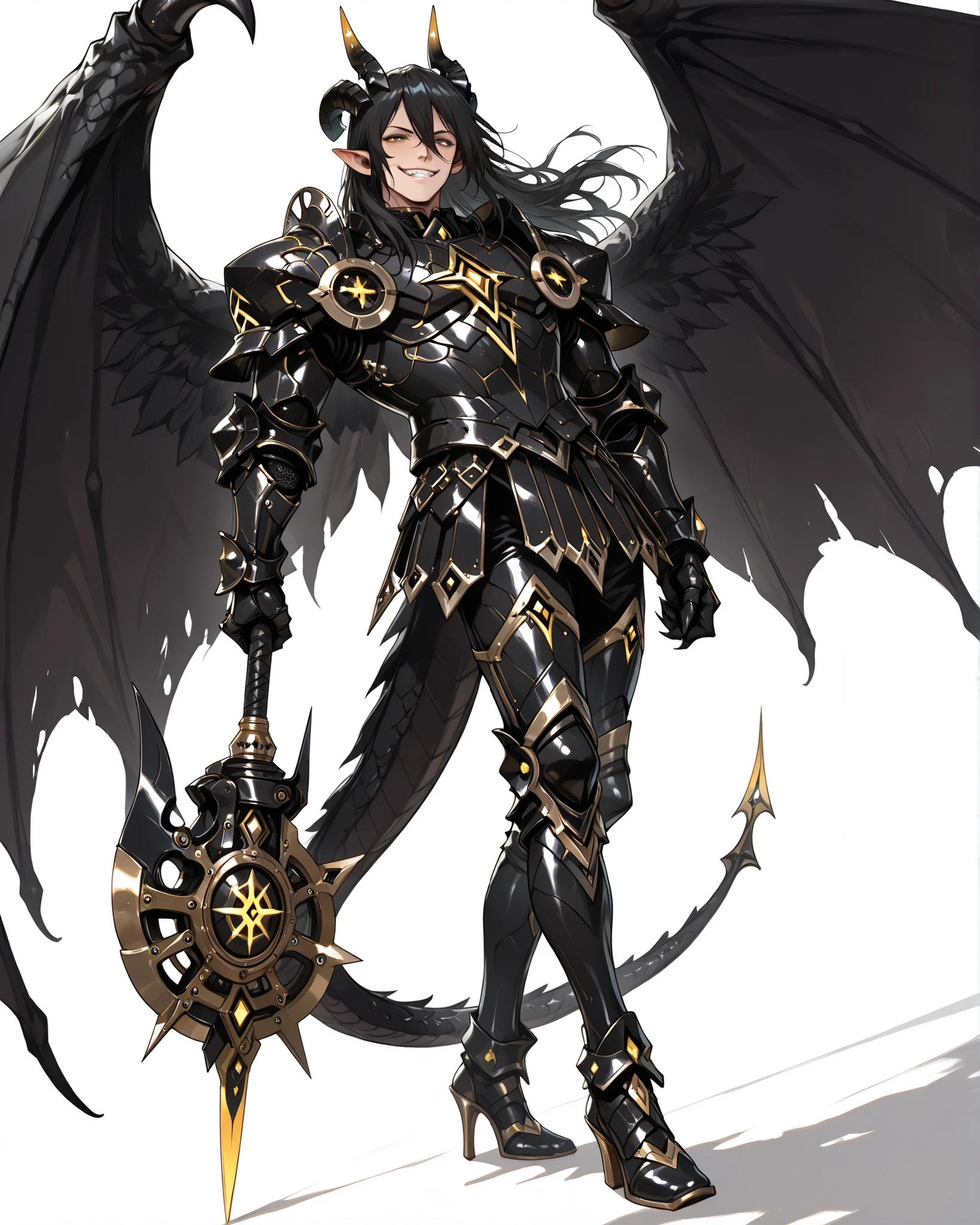 score_9, absurdres, (masterpiece, best quality: 1. 5), highres, 8K wallpaper, CG, (((Anime))), (1 male), solo, lean body, (masculine), (floating in the air), weredragon, japanese anime style, glossy black, shiny black leather, ((beautiful golden eyes, finely detailed eyes, bright eyes, vertical iris)), hair between eyes, black hair, long hair, sideburns, wild hair, unkempt hair, (sly grin, smirk, evil smile), teeth, confident, ((ultra detailed face)), shiny skin, long pointy ears, twisted torso, long-legged, sculpted face, wasp waist, dragon horn, dragon tail, dragon wings, dragon sharp claws, (black armor with a lot of grandiose decorations), half dragon half human, dramatic angle, dynamic posture, (holding giant cudgel on shoulder), ultra detailed black armor, black armor with gold accent, all black outfit, full body, emphasize face, focused expression, sharp focus, good-looking man, well-polished black armor, charismatic pose, (best illustration), cinematic, dramatic lighting, (intricate detail, super detail, extreme detailed, super detailed: 1. 5), (highly detailed artwork), dramatic shadows, tenebrism, chiaroscuro, wonderful pose, chiseled features, stark contrast, heavy shadows, detailed black decorations, beautiful and aesthetic, photoreal, from front, (mysteriously crafted black metal armor: 1. 5), sparkling accessories, thick and luxuriant hair, ultra detailed fantasy black armor, dressed in black, broad shoulder, true-to-life visuals, artistically refined, dramatic contrasts, ((extremely delicate and beautiful armor, elaborate armor details)), (dark armor, stylized armor), exquisite goldwork, wonderful black armor, armor with intricate engravings, ((armor-type high heels)), ((detailed shoulder armor with intricate engravings, gold accent black armor)), (128K Ultra High Resolution), very gorgeous and dazzling, dark fantasy black knight, slim waistlines, wide chested, sinewy body, simple white background, (((Hyper Detailed & Perfectly Designed Black Armor)))