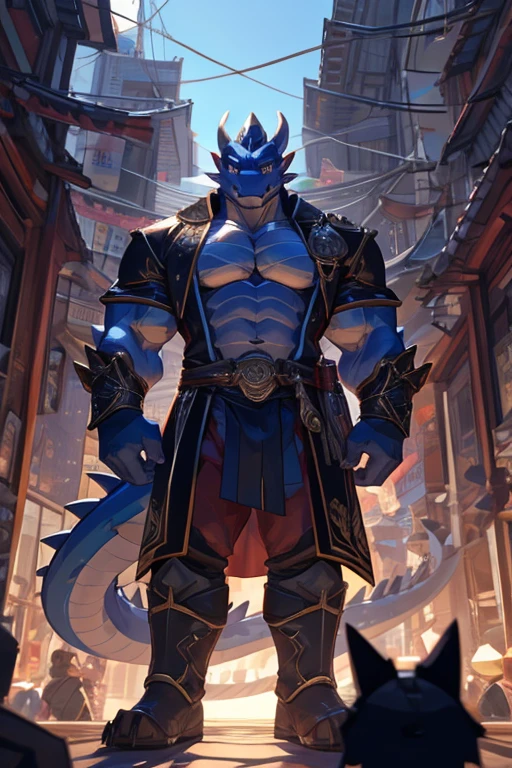 ((best quality)), ((masterpiece)), (ultra detailed),perfect face,(male antro dragon):2.5, male , ((( western dragon))):2.5, (strong beefy muscular body),((royal blue body)), (white belly), ((abs, strongmuscles, 8 pack)), furry, handsome,Beautiful and delicate eyes, (ultra detailed eyes, (red):0.1 eyes, sharp eyes), night, detailed scene,full body, (by null-ghost,by traver009,by lindong,by pino daeni), (full body), wearing random pattern necklace, claws, ((fluffy fur, fluffy, furry body)), majestic,pink nipples, (a pair of dragon antler), upper body naked, big fellow, muscular male, (wearing black kimono (open)), anime, big fellow, huge body, handsome, on the street,anime,(Great physique), (a pair of dragon wings)