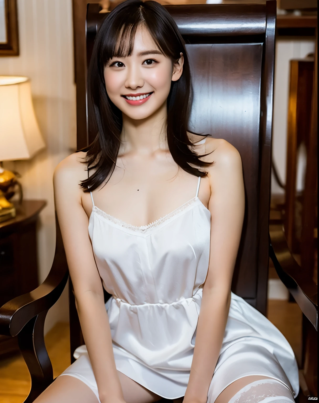 Beautiful legs, stockings, ultra  details, masterpiece, Highest Quality, beautiful,  details, alone, charming smile, Sexy Lips , one girl, brown eyes, silver-haired, Sexy Poses, big breasts, Low Hair Ring, open your legs, sit on a chair, satin cami dress, Beautiful Legged Young Wife, Canopy Bedroom