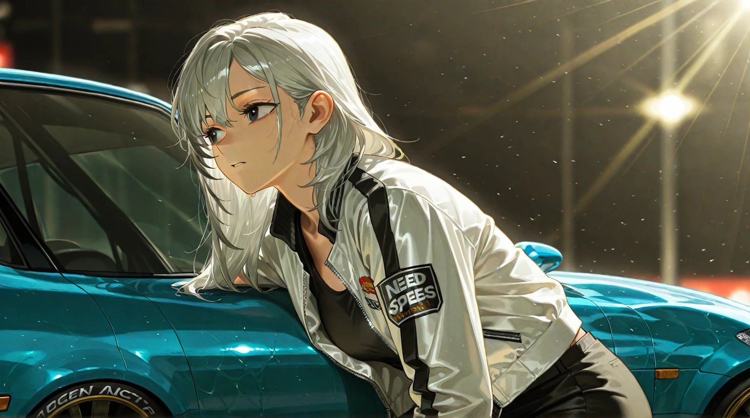 by [arknights|(748cmstyle:0.5)], god rays, cinematic shot, mature, young adult, masterpiece, best quality, amazing quality, very aesthetic, high resolution, ultra-detailed, absurdres,
1girl, solo, alone,(dynamic pose, side eye, looking over her shoulder, looking to the side, upper body focus, action shot, three quarter view, close up, cowboy shot:1.2), open jacket, white gray hair, gray hair, black eyes, Need for Speed, leaning against Nissan Silvia, tuner, fast and furious, street racing, illegal, leaning against car, movie wallpaper, movie shot, caustic lighting, caustics, BREAK, depth of field, volumetric lighting 
 