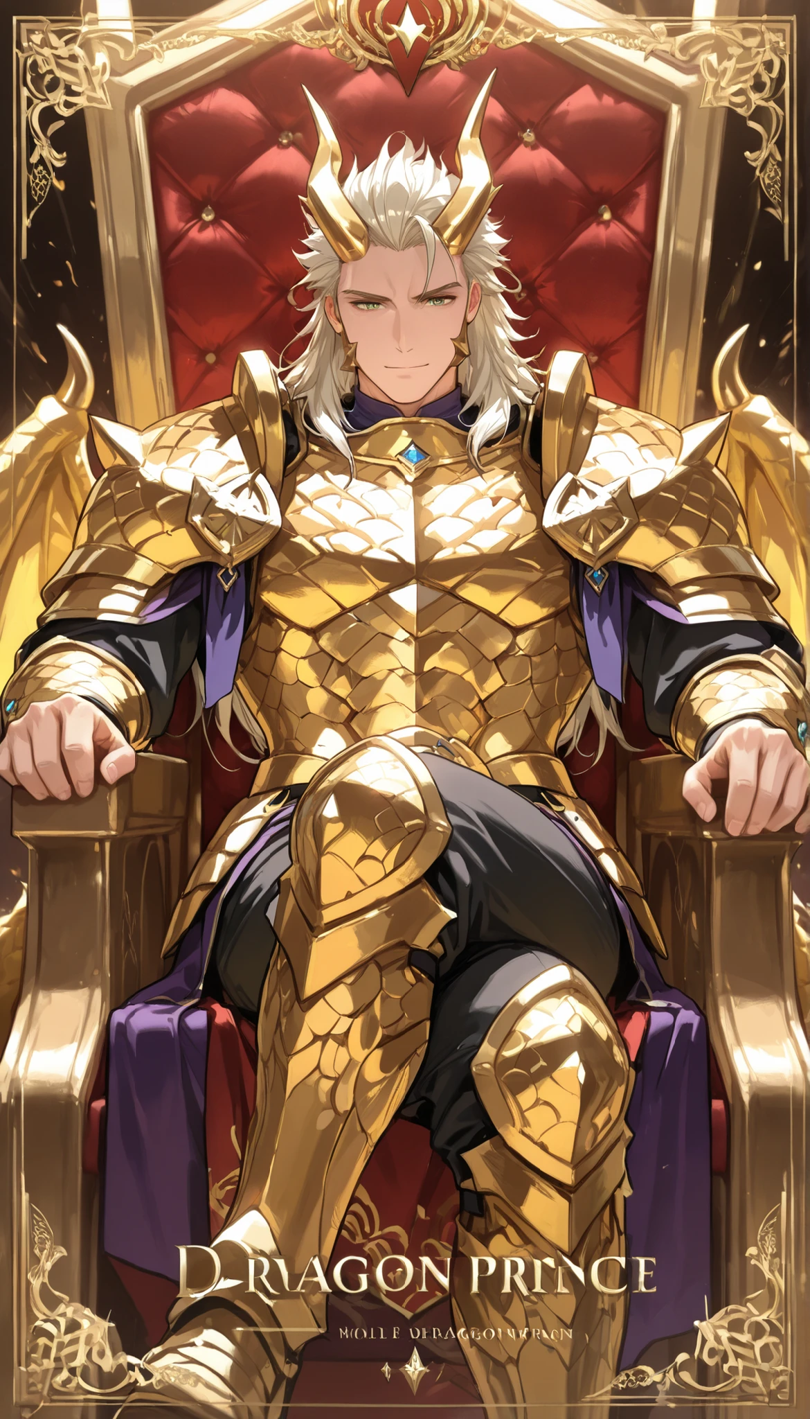 dragon prince,handsome warrior, gold horn, gold dragon pattern, gold dragon armor, throne