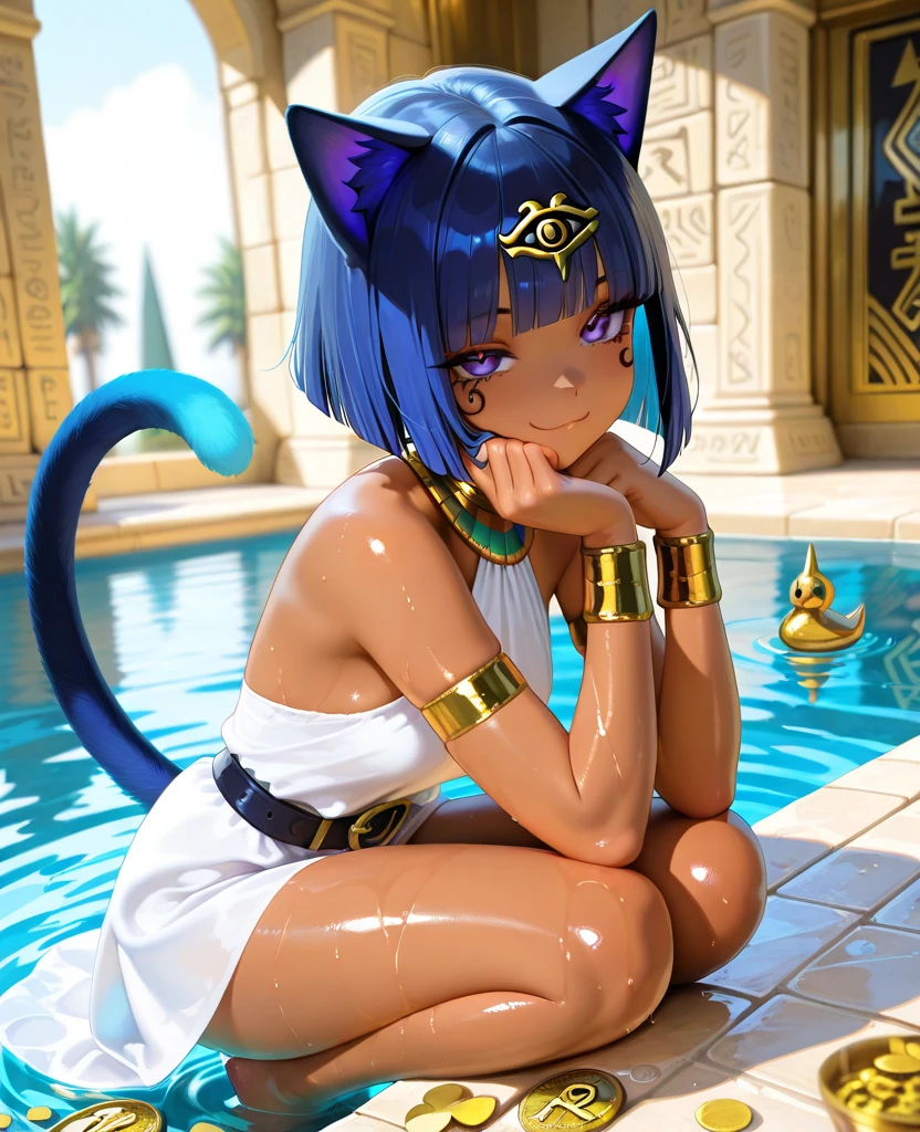 masterpiece, best quality, ultra-detailed, illustration, epic lighting, cinematic composition, isometric, (hexagon:1.2), 1girl, catgirl, ankha (animal crossing), cute, (yellow skin:1.1), small breasts, cat tail, cat ears, (short blue hair:1.1), bangs, (purple eyes, glowing eyes:1.1), focus on the eyes, enchanting gaze, captivating pose, hip sway, cowboy shot, white dress, gold trim, spread arms, expressionless, looking at viewer, looking down, (from below:1.2), Tindal effect, (Balance and coordination between all things), desert, sand, oasis, palm trees, river, pyramid, ancient, mysterious, particle effects, (8k:1.1) <lora:ankhaAnimalCrossing_ankhaV1:0.8> <lora:gachaSplashLORA_v40:0.8>