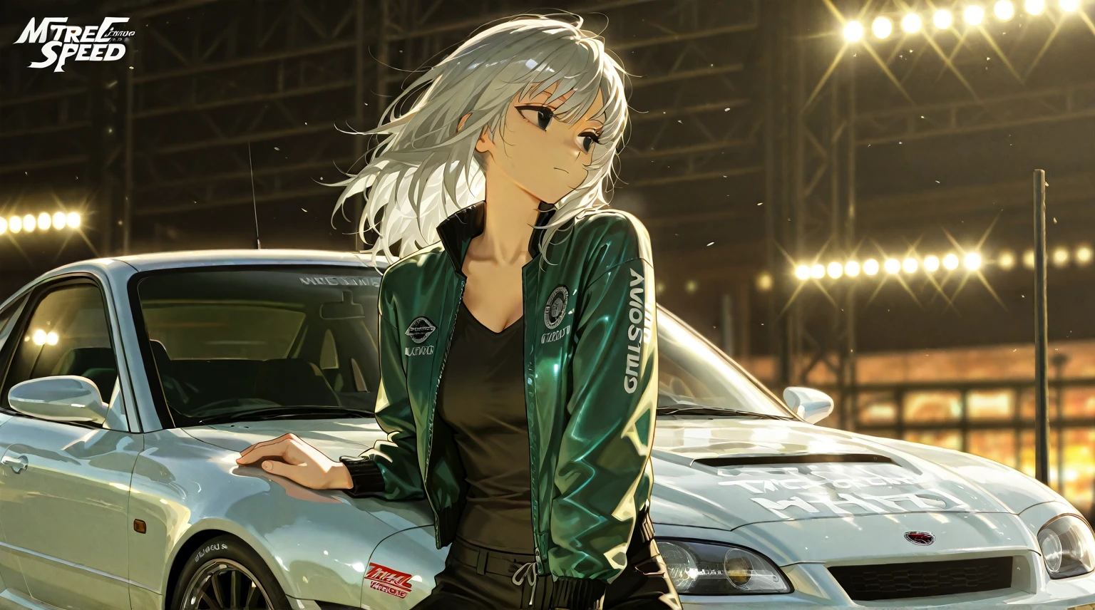 by [arknights|(748cmstyle:0.5)], god rays, cinematic shot, mature, young adult, masterpiece, best quality, amazing quality, very aesthetic, high resolution, ultra-detailed, absurdres,
1girl, solo, alone,(dynamic pose, side eye, looking over her shoulder, looking to the side, upper body focus, action shot, three quarter view, close up, cowboy shot:1.2), open jacket, white gray hair, gray hair, black eyes, Need for Speed, leaning on Nissan Silvia, tuner, fast and furious, street racing, illegal, leaning on car, movie wallpaper, movie shot, caustic lighting, caustics, BREAK, depth of field, volumetric lighting 
 