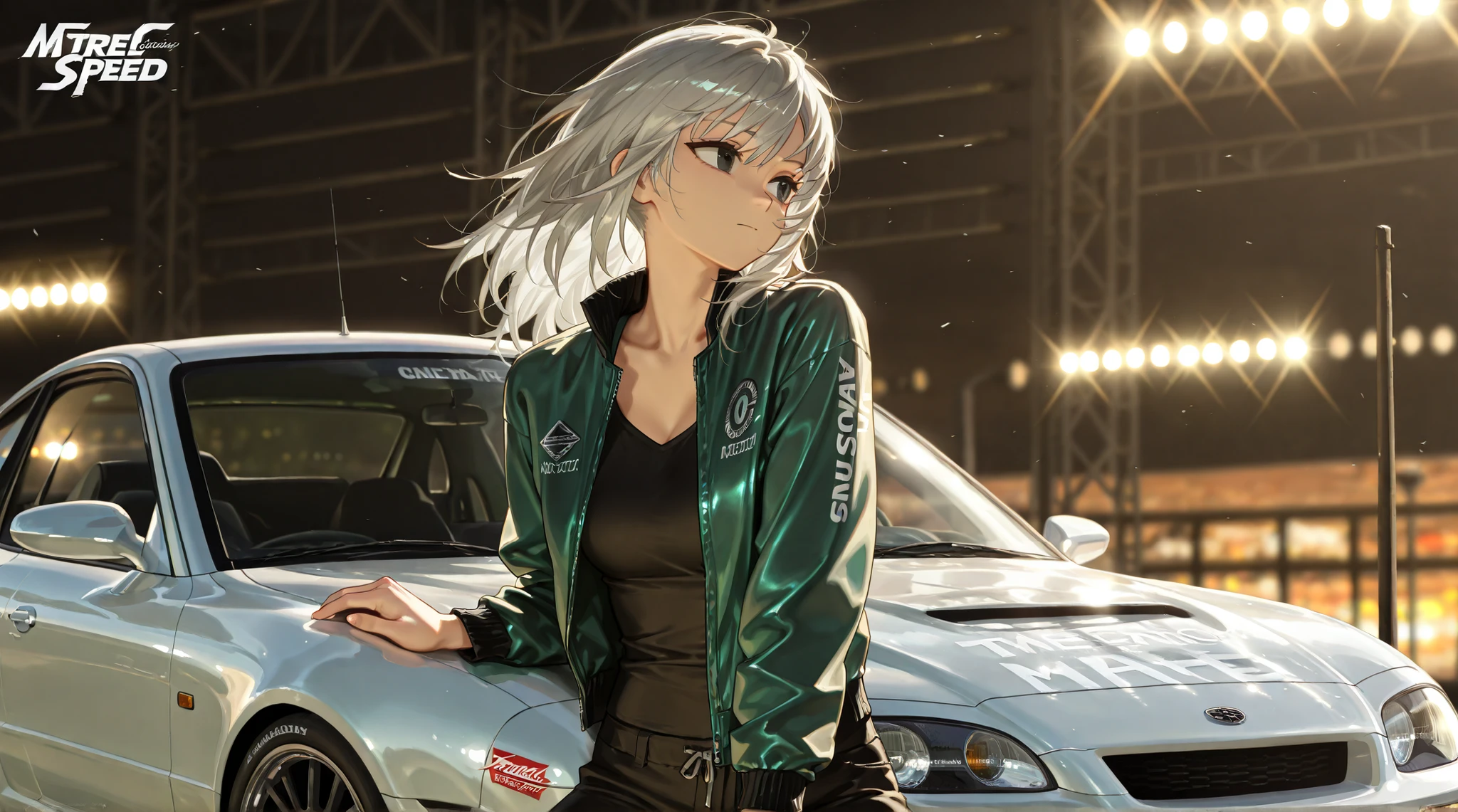 by [arknights|(748cmstyle:0.5)], god rays, cinematic shot, mature, young adult, masterpiece, best quality, amazing quality, very aesthetic, high resolution, ultra-detailed, absurdres,
1girl, solo, alone,(dynamic pose, side eye, looking over her shoulder, looking to the side, upper body focus, action shot, three quarter view, close up, cowboy shot:1.2), open jacket, white gray hair, gray hair, black eyes, Need for Speed, leaning on Nissan Silvia, tuner, fast and furious, street racing, illegal, leaning on car, movie wallpaper, movie shot, caustic lighting, caustics, BREAK, depth of field, volumetric lighting 
 
