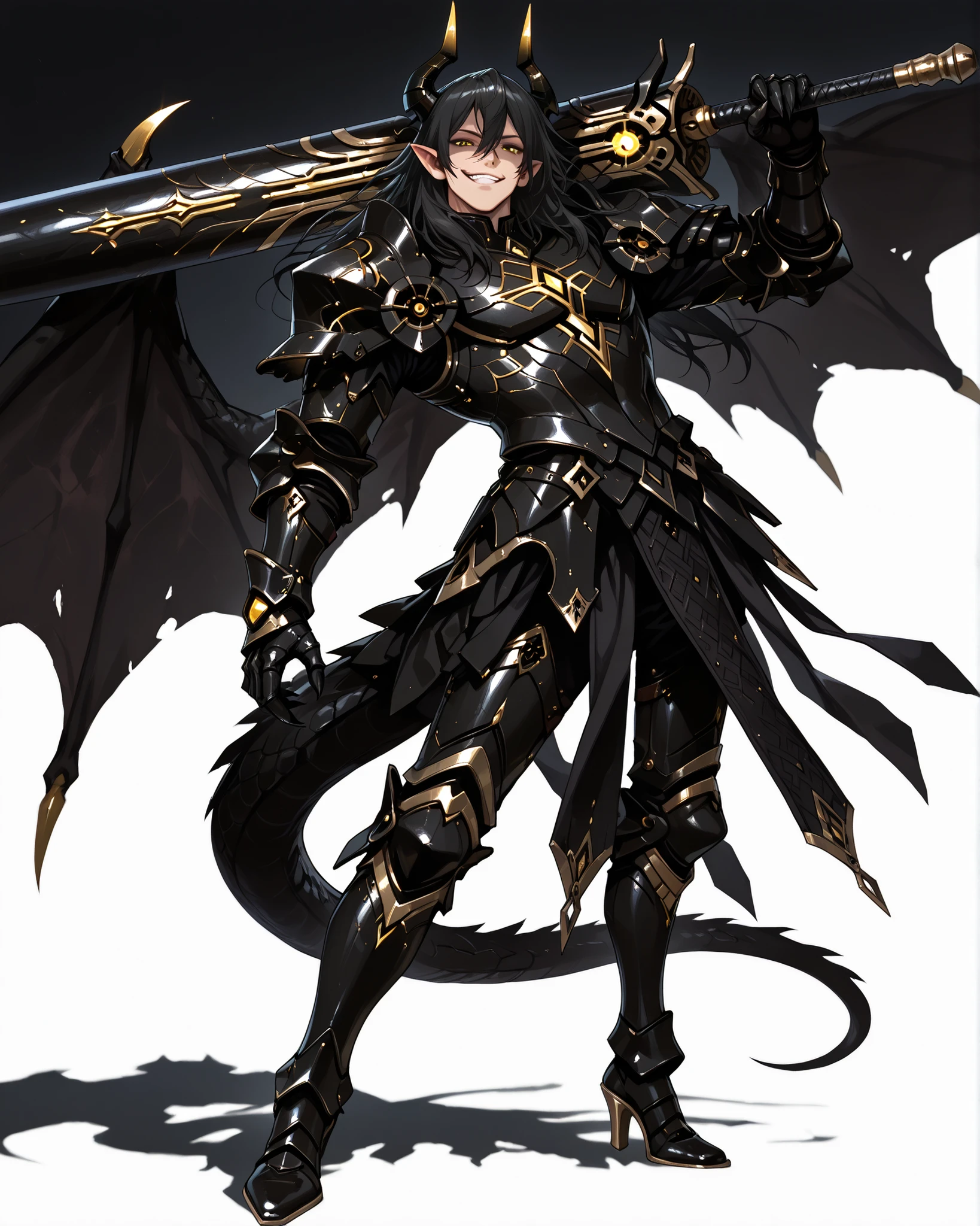 score_9, absurdres, (masterpiece, best quality: 1. 5), highres, 8K wallpaper, CG, (((Anime))), (1 male), solo, lean body, (masculine), (floating in the air), weredragon, japanese anime style, glossy black, shiny black leather, ((beautiful golden eyes, finely detailed eyes, bright eyes, vertical iris)), hair between eyes, black hair, long hair, sideburns, wild hair, unkempt hair, (sly grin, smirk, evil smile), teeth, confident, ((ultra detailed face)), shiny skin, long pointy ears, twisted torso, long-legged, sculpted face, wasp waist, dragon horn, dragon tail, dragon wings, dragon sharp claws, (black armor with a lot of grandiose decorations), half dragon half human, dramatic angle, dynamic posture, (holding giant lance on shoulder), ultra detailed black armor, black armor with gold accent, all black outfit, full body, emphasize face, focused expression, sharp focus, good-looking man, well-polished black armor, charismatic pose, (best illustration), cinematic, dramatic lighting, (intricate detail, super detail, extreme detailed, super detailed: 1. 5), (highly detailed artwork), dramatic shadows, tenebrism, chiaroscuro, wonderful pose, chiseled features, stark contrast, heavy shadows, detailed black decorations, beautiful and aesthetic, photoreal, from front, (mysteriously crafted black metal armor: 1. 5), sparkling accessories, thick and luxuriant hair, ultra detailed fantasy black armor, dressed in black, broad shoulder, true-to-life visuals, artistically refined, dramatic contrasts, ((extremely delicate and beautiful armor, elaborate armor details)), (dark armor, stylized armor), exquisite goldwork, wonderful black armor, armor with intricate engravings, ((armor-type high heels)), ((detailed shoulder armor with intricate engravings, gold accent black armor)), (128K Ultra High Resolution), very gorgeous and dazzling, dark fantasy black knight, slim waistlines, wide chested, sinewy body, simple white background, (((Hyper Detailed & Perfectly Designed Black Armor)))