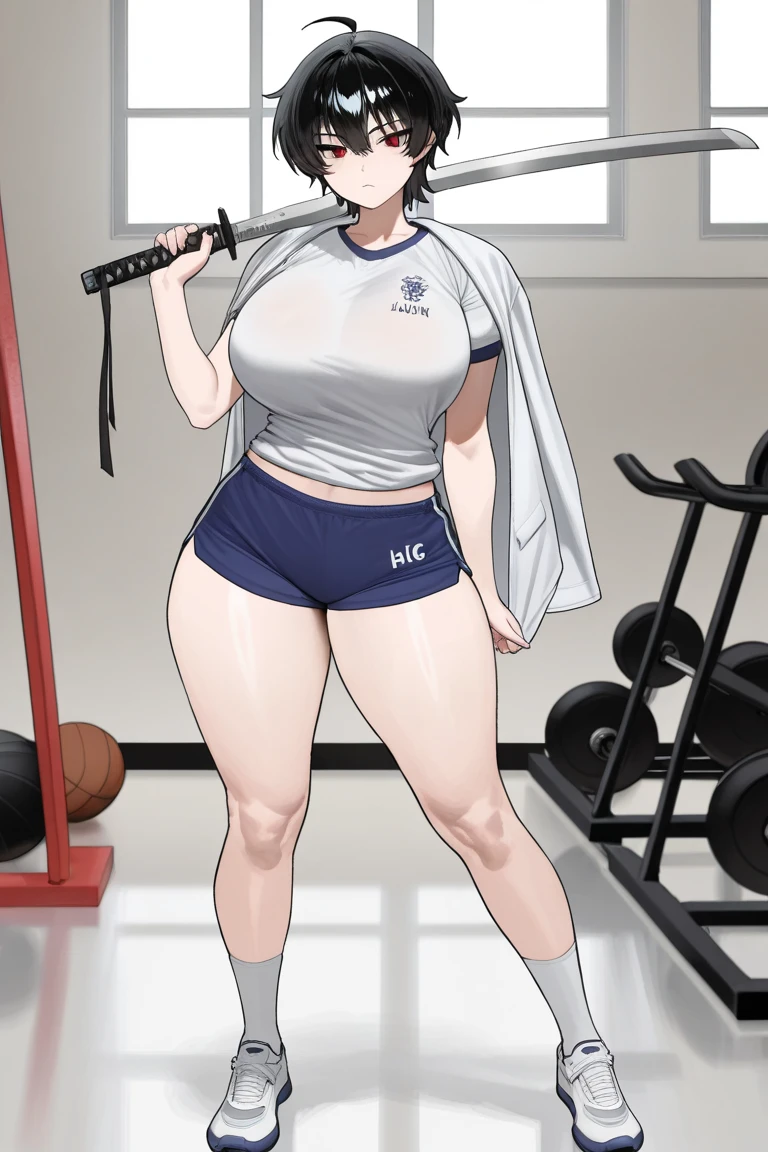 mixed_artwork style, 1 girl, standing alone, hands, beautiful woman, thick, Asian, thick, short white blouse tied, short shorts, ptinta eyes, white hair ptinta locks, twin tails, realistic, textures, 8K, perfect hand, perfect anatomy, visible curves, large breasts, full body, Working out at the gym, sweaty