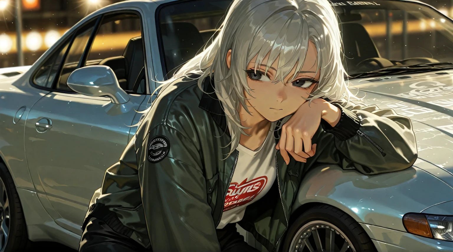 by [arknights|(748cmstyle:0.5)], god rays, cinematic shot, mature, young adult, masterpiece, best quality, amazing quality, very aesthetic, high resolution, ultra-detailed, absurdres,
1girl, solo, alone,(dynamic pose, side eye, looking over her shoulder, looking to the side, upper body focus, action shot, three quarter view, close up, cowboy shot:1.2), open jacket, white gray hair, gray hair, black eyes, leaning on Nissan Silvia, tuner, fast and furious, street racing, illegal, leaning on car, movie wallpaper, movie shot, caustic lighting, caustics, BREAK, depth of field, volumetric lighting 
 