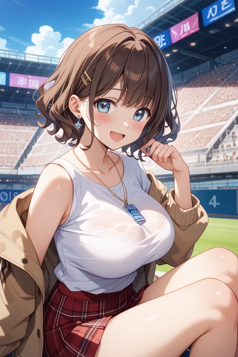 masterpiece, best quality, highres, aamiyako, long hair, jewelry, earrings, large breasts, wariza, reaching out, white skirt, off shoulder, necklace, field, garss, smile, open