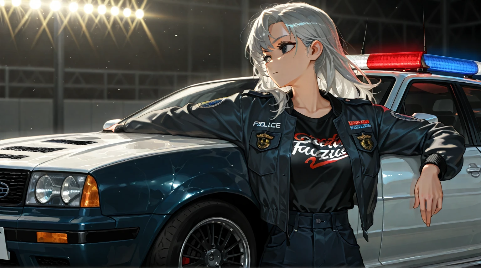 by [arknights|(748cmstyle:0.5)], god rays, cinematic shot, mature, young adult, masterpiece, best quality, amazing quality, very aesthetic, high resolution, ultra-detailed, absurdres,
1girl, solo, alone,(dynamic pose, side eye, looking over her shoulder, looking to the side, upper body focus, action shot, three quarter view, close up, cowboy shot:1.2), open jacket, white gray hair, gray hair, black eyes, leaning on Audi Le Mans Quattro, police car, undercover car, kevlar vest, black shirt, tuner, fast and furious, street racing, illegal, leaning on car, movie wallpaper, movie shot, caustic lighting, caustics, BREAK, depth of field, volumetric lighting 
 