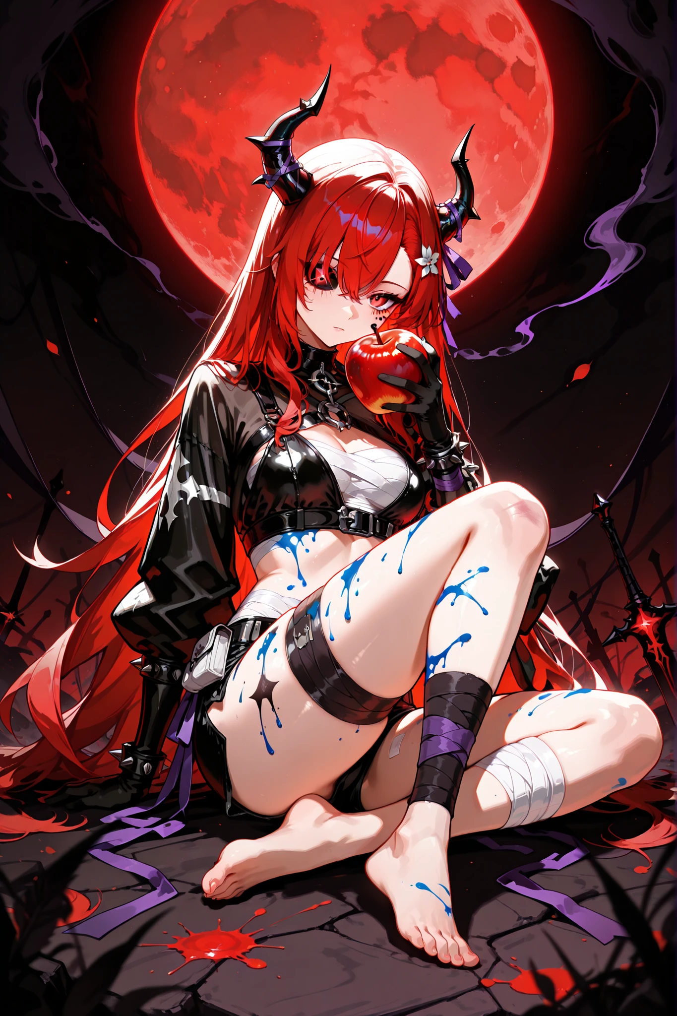 super beautiful Bandage on leg head bandage Super Detail Satanic 8k high resolution under-eye area unhealthy lack of sleep sharp eye tattoo【High quality】【masterpiece】【with precise and delicate drawing】【dynamic lighting】【Super Detail】【Super beautiful】((Head, chest, and lower body are bandaged)) A character with long, flowing red hair adorned with black and white flowers, wearing a dark, tattered outfit with purple ribbons. Barefoot, with legs loosely wrapped in dark bandages. Holding a shiny red apple in one hand. Skin splattered with dark blue paint-like marks. Sitting in a relaxed pose against a dark, chaotic background with a large, ominous red moon. Ultra-detailed, high-quality visuals with a haunting, ethereal atmosphere. dream art M4gicalL1nes