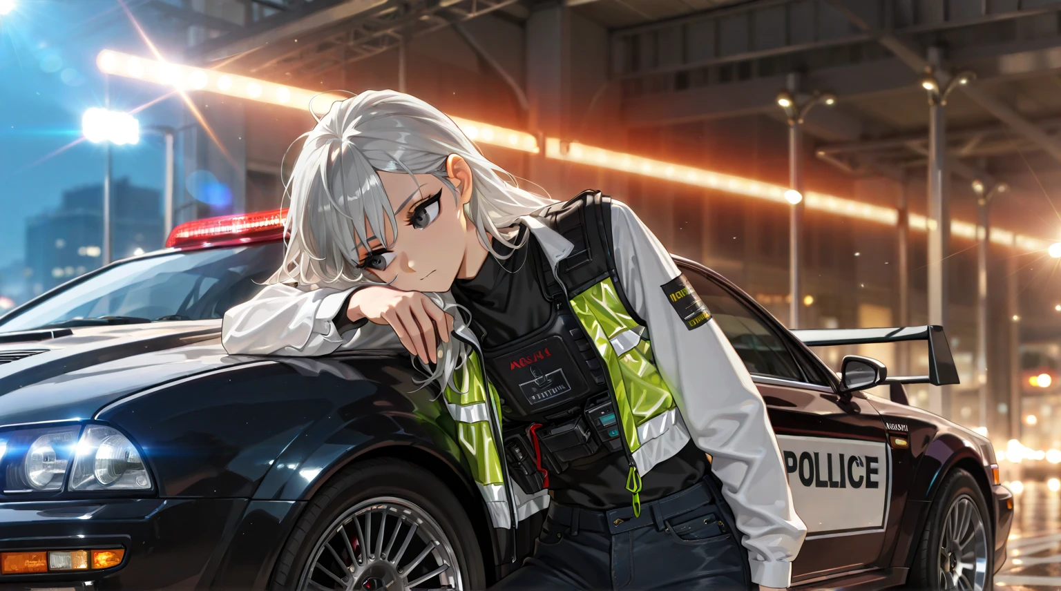 by [arknights|(748cmstyle:0.5)], god rays, cinematic shot, mature, young adult, masterpiece, best quality, amazing quality, very aesthetic, high resolution, ultra-detailed, absurdres,
1girl, solo, alone,(dynamic pose, side eye, looking over her shoulder, looking to the side, upper body focus, action shot, three quarter view, close up, cowboy shot:1.2), open jacket, white gray hair, gray hair, black eyes, leaning on Audi Le Mans Quattro, high performance police car, Audi, Luxury car, Performance car, undercover car, (kevlar vest:1.14), black shirt, tuner, fast and furious, street racing, illegal, leaning on car, movie wallpaper, movie shot, caustic lighting, caustics, BREAK, depth of field, volumetric lighting 
 