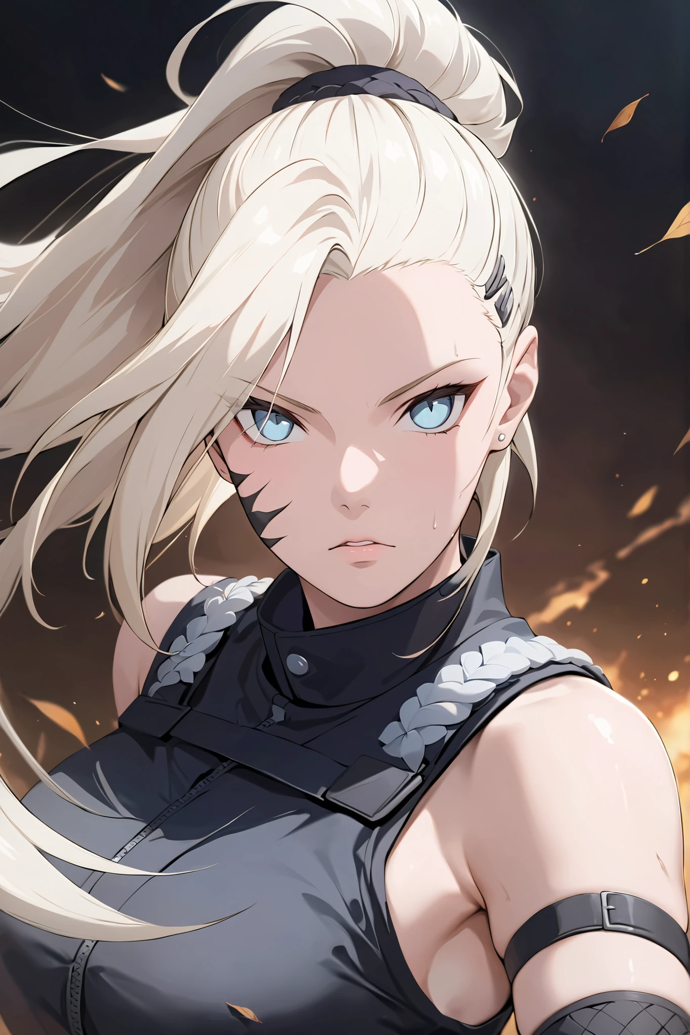 ((masterpiece)), ((RAW 8K)), ((anime-real fusion)), ((extreme photorealism)), ((studio-grade lighting)), ((hyper-detailed skin texture)), ((warm natural tones)), Ino Yamanaka as a powerful elite kunoichi, waist-up portrait, fierce and focused expression, icy light blue eyes with sharp intensity, long platinum blonde hair in a high side ponytail with slight battle movement, a few strands across her face. Wearing an upgraded tactical ninja outfit — fitted dark purple armored vest with chakra mesh undershirt, combat belt with pouches, fingerless gloves, kunai strapped to arm, and black tactical shoulder guard. Hidden Leaf Village forehead protector tied tightly around her forehead. Slight dirt/scratch detail on armor hinting at recent battle, yet expression is composed and proud, radiating strength and confidence.
Background: battlefield-adjacent Hidden Leaf scenery, dusk or stormy lighting, swirling dust or wind motion effect in hair and outfit, soft cinematic depth of field emphasizing her presence.