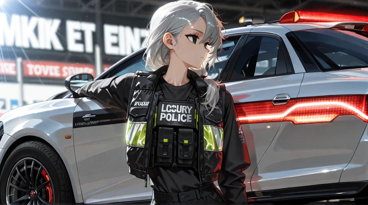 by [arknights|(748cmstyle:0.5)], god rays, cinematic shot, mature, young adult, masterpiece, best quality, amazing quality, very aesthetic, high resolution, ultra-detailed, absurdres,
1girl, solo, alone,(dynamic pose, side eye, looking over her shoulder, looking to the side, upper body focus, action shot, three quarter view, close up, cowboy shot:1.2), open jacket, white gray hair, gray hair, black eyes, high performance police car, Audi, Luxury car, Performance car, undercover car, (kevlar vest:1.14), black shirt, tuner, fast and furious, street racing, leaning on car, movie wallpaper, movie shot, caustic lighting, caustics, BREAK, depth of field, volumetric lighting 
 