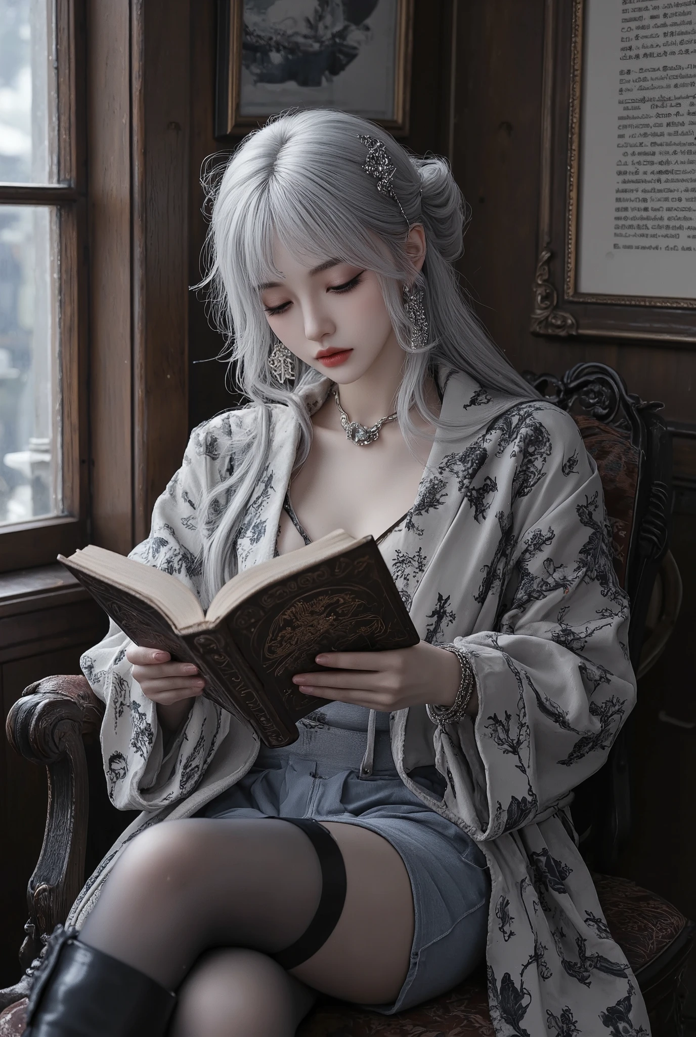 Highest Quality,masterpiece,highest resolution,photorealistic,Cinema Light,Professional Lighting,(She's reading a collection of poems:1.5),anatomically correct,完璧な比率,perfect female body,Highest Qualityのリアルな質感の肌,Highest Qualityのテクスチャの髪,medium hair,Wave Hair, Silver Hair,small breasts,firm breasts,slim face,small face,Super beautiful face,realistic face,very detailed face,Super beautiful cheekbones,Perfect round eyes,Super detailed realistic eyes,very elaborate and realistic brown eyes,Ultra Detailed Realistic Lashes,eyeliner,super detailed lips,Dark pink_lipstick,full bodied lesbian,cool vibe,20 year old Japanese woman,fashion supermodel,(thigh high boots:1.4),skirt for ears,fishnet tights,Spring coat,luxury earrings,necklace, Bracelets , Split Ratio 1 :1:1, perfect composition,full body photo,Dynamic Composition,cafe,Hot drinks