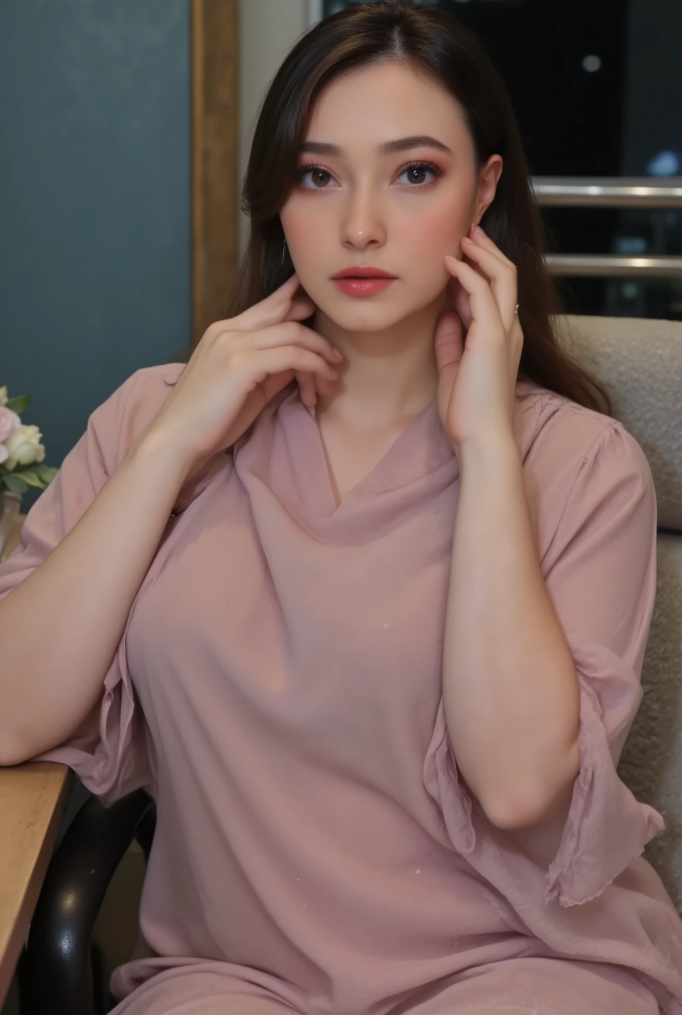 Masterpiece, high quality , 1 girl, Tempting Mature Woman, Mature Woman, Curvy Beauty Woman, 56 years Old, (Sugar Mother), (Sensual Lips), (White Skin), beautiful Hijab Indonesian mature woman, (Gigantic  : 1.6), (Naked body), curvy body, At doctor office, Dark light, at Nighttime, sitting,  english_Text