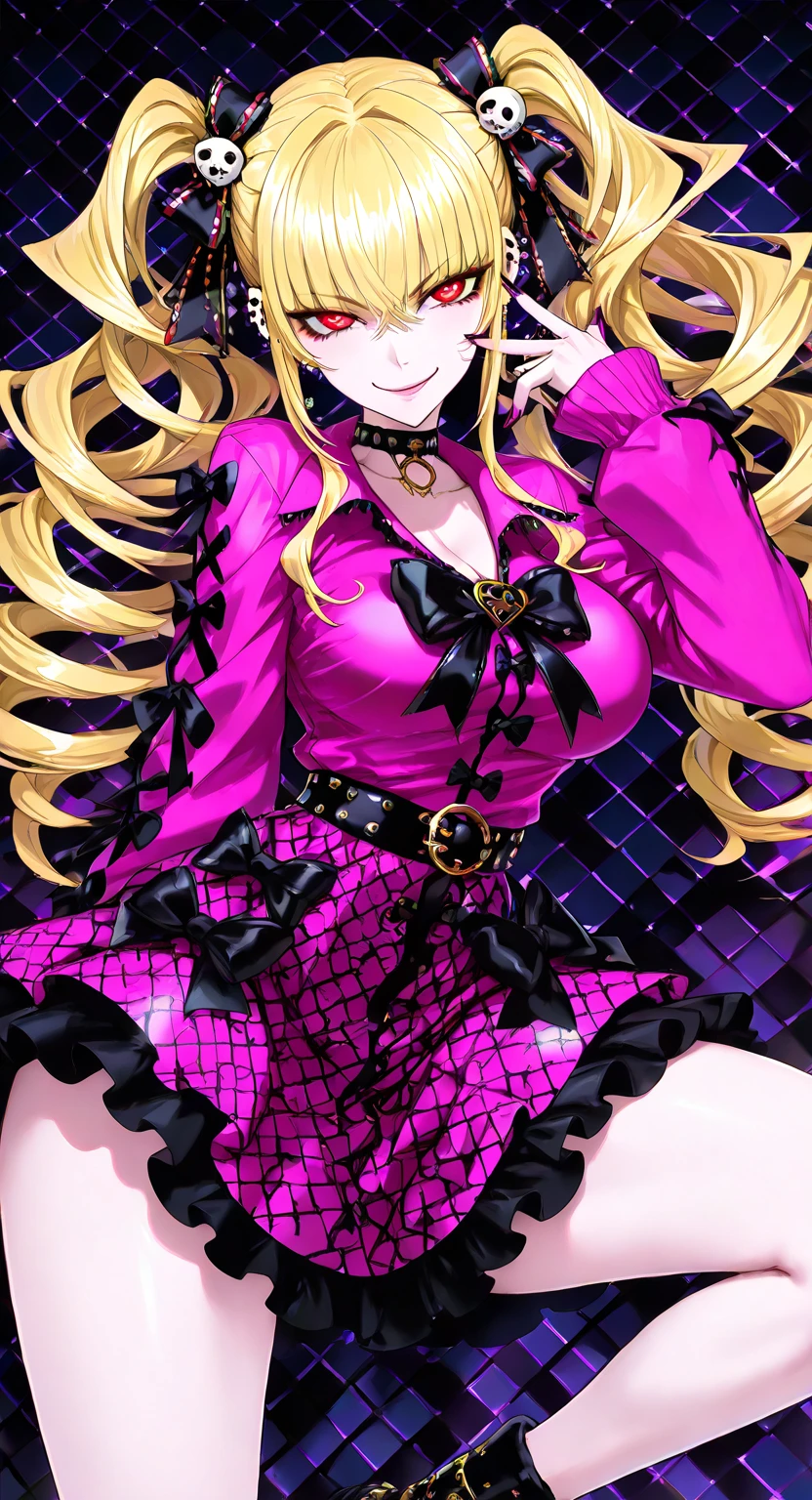 masterpiece, best quality, 1girl,blonde hair,Sui, (finely detailed heart shaped pupils and detailed face),,cowbody shot,lovestruck,extremely detailed picture unity 8k wallpaper,solo,(latex maid costume:0.9),glamour body,seductive smile,latex thighhigh