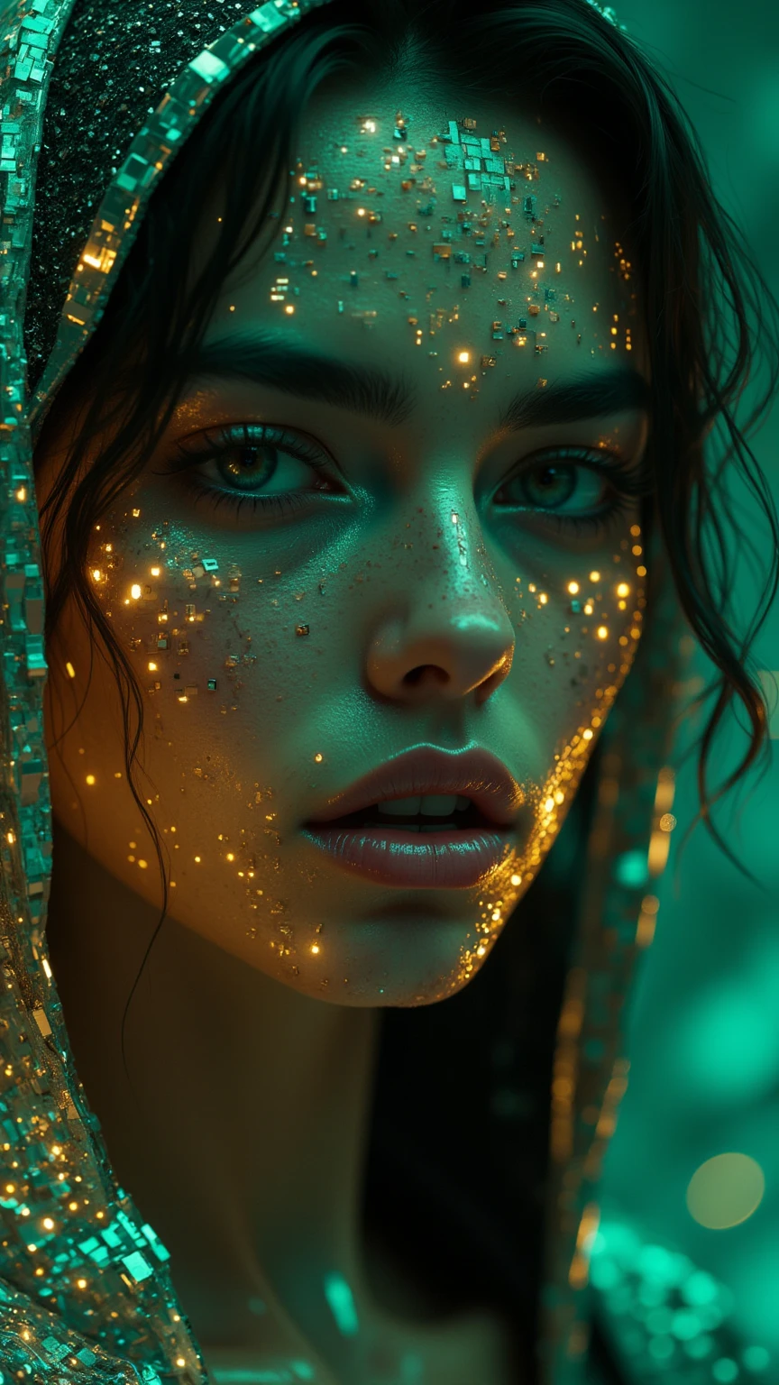 (((beautiful light particles, backlight, HDR. “((Long exposure photography)) high quality, highly detailed, (((image taken with wide-angle camera with f/1.2 aperture, very detailed skin texture, 1.4, light, intricate details, (((main scene (with high aperture value: f/32), Frontal portrait of an exuberant, colorful woman resembling an aquatic creature))) Fair skin, youthful features, eyes wide open and delicate freckles on the nose and cheeks; hair in shades of gold, green and red, vibrant and defying gravity. Small luminous particles floating around the head contribute to the surreal theme of mysterious contemplation, sharp lines, effect. Canon EOS R10+, artistic focus, soft lighting, depth of field effect, f2.35mm, grainy film, front shot, realism, front optical projection image, stereogram, atmospheric perspective, color field painting, conceptual art, social realism , modern and professional color grading, clean and sharp focus, film photography, film painting color field, conceptual art, social realism, modern, minimalism, romanticism, tonalism, action painting, depth of field, cinematic lighting, brightness, UHD, masterpiece, accurate, anatomically correct, award-winning, best quality, high resolution, 4K; in neon colors, official art, best quality, highly detailed, dynamic, shiny, metallic, energy waves, explosions, lights.” dimensional light, totally symmetrical, neon colors.”
