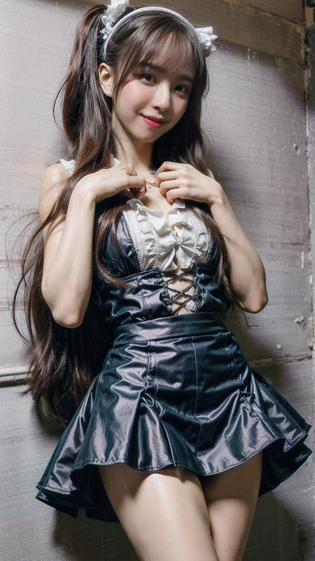 (8k high quality), (2d high quality), (high anime quality), ((beautiful young girl), (beautiful face), (shinning light brown single-braided hair), (beautiful bluish-grey eyes), (shining smooth skin), (beautiful thin eyebrow), (beautiful leather wristwatch), (black & white ruffle armhole single breasted dress), (grinning)