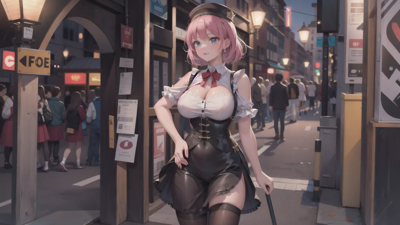 A pink short haired girl, using a top-hat, she haves big boobss, using round glasses, she is in a night with german buildings