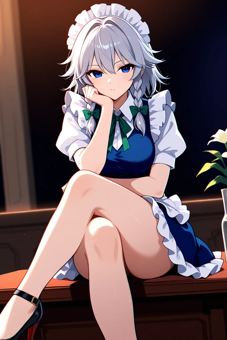 (Masterpiece), Best Quality, ultra-detailed, 1girl (Secelia Dote, naked body, short hair, dark skin, blue eyes, half-closed eyes), a shallow face, crazy smile, open mouth, solo, maid (black), frill, maid headdress, ultra mini skirt, black lace thighhighs, garter belt, in the livingroom,table, against the table, hands on table, standing, spread legs, 1boy, ass grab, sex, hetero, doggystyle sex, cumdrip from her pussy