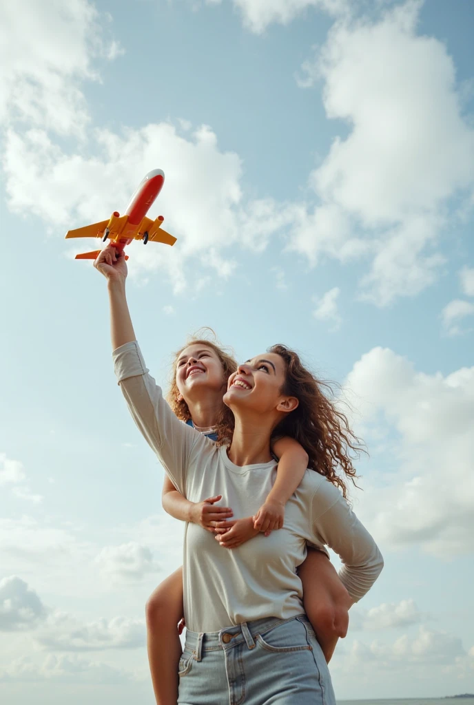 Father and daughter hugging with airplane behind them