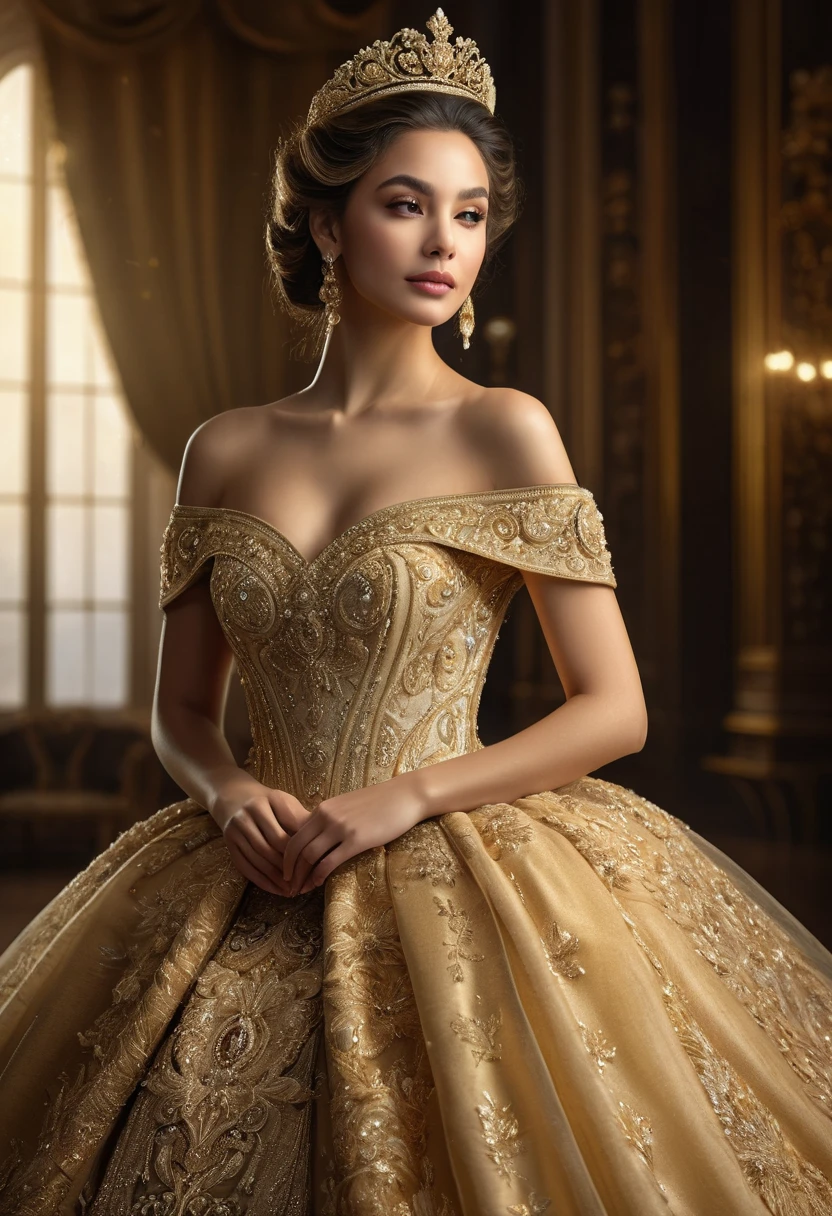 Isabel Merced, bob_cut hair, dressed like a princess, (formal dress, tiara), (skin texture:1.1), (high detail face:1.1), full bodyshot, high detail body, high detail clothes, smiling seductively, (big breasts:1.3),(masterpiece), (realistic), ultra high definition, 4k, ultra high resolution, film grain, cinematic lighting, rim lighting, photo by Arny Freytag, RAW image