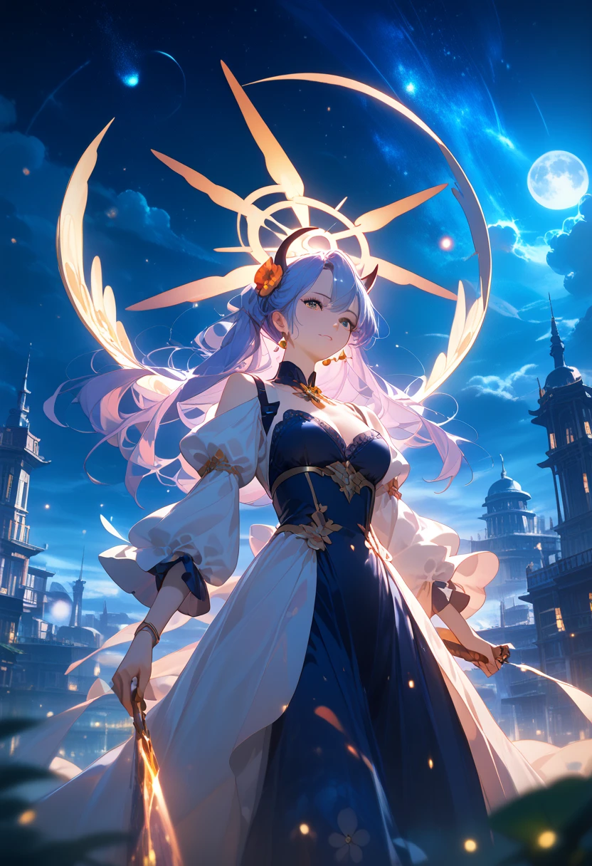 Vast landscape photos, (from below, sky above, open field below), an elf girl standing on a flower field looking up at the sky, (Full Moon: 1.2), (Meteor: 0.9), (Nebula: 1.3), Distant Mountains, Trees BREAK Making Art, (Warm Light Source: 1.2), (Firefly: 1.2), Lights, Lots of Purple and Orange, Intricate Detailing, Volumetric Lighting, Realism BREAK (Masterpiece: 1.2), (Best Quality), 4K, Ultra-Detailed, (Dynamic Composition: 1.4), Very Detailed, Colorful Detail, (Iridescent Color: 1.2), (Glow Illumination, Atmospheric Lighting), Dreamy, Magical, (Solo: 1.2) --auto --s2