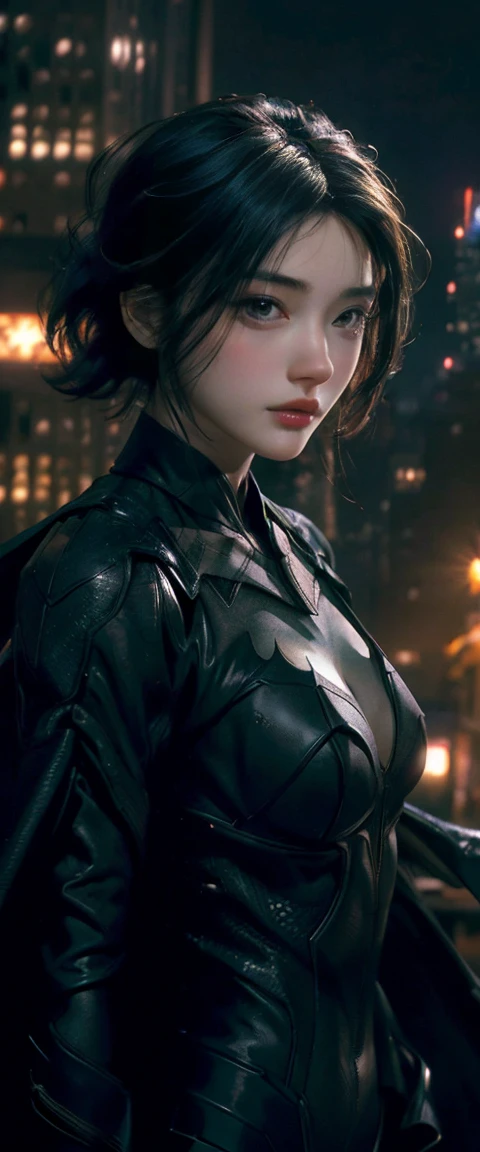 Character: beautiful, gorgeous, 1girl, African american girl with short bob cut weave, wearing tight black batman costume, holding batman helmet.
Background/scene: night time, dark alley, bloom lighting
Setting: realistic, 4k, dreamy,