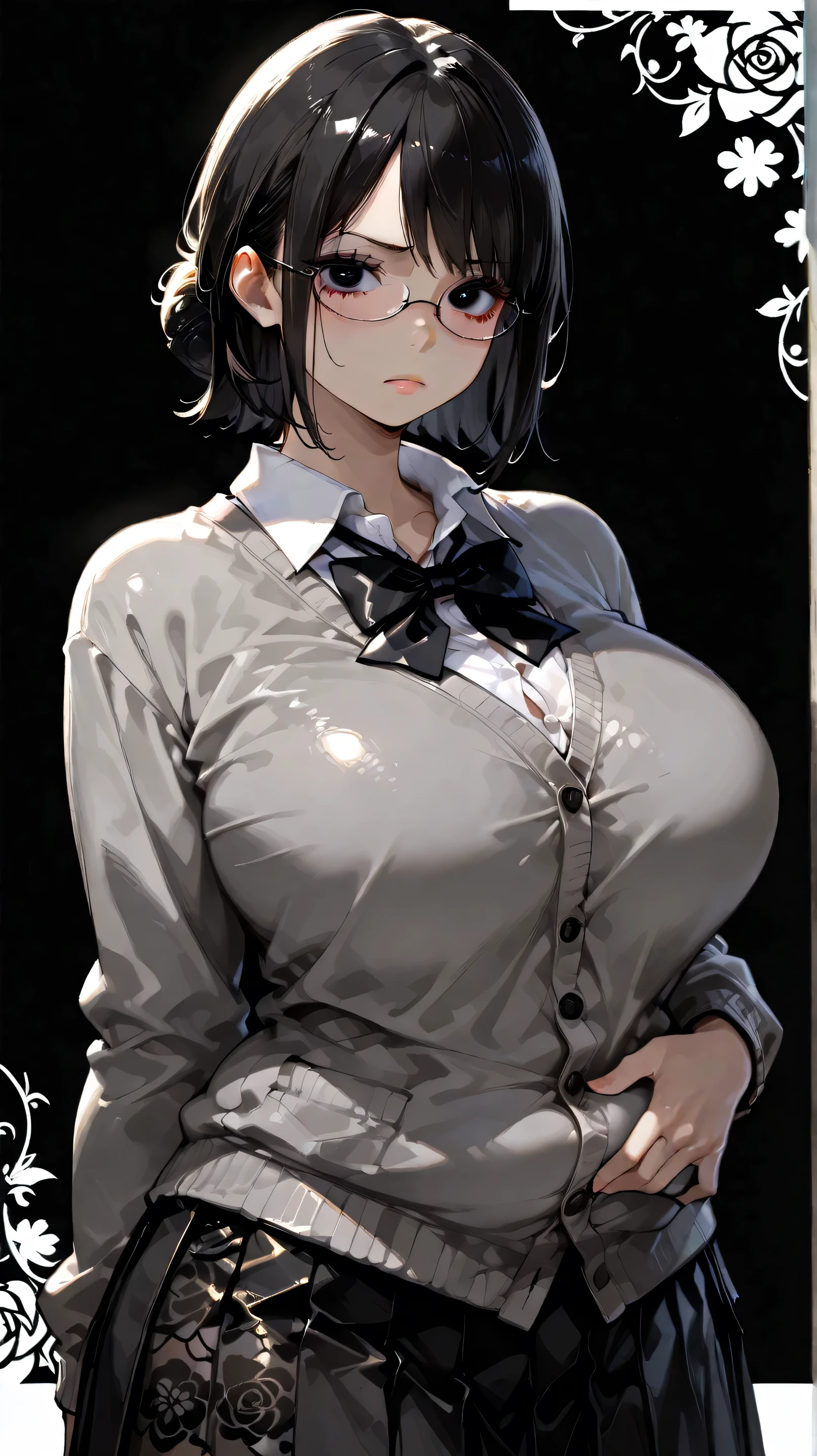 1 japanese girl, Glasses, (Opened shirt:1.2), (arms folded under breasts:1.2), Angle from above, blush, (Slim body:1.2), (Huge breasts:1.1), (leggy:1.1), Black hair, Short hair, School uniform, White long sleeve shirt, Pleated skirt, (Black tights:1.1),