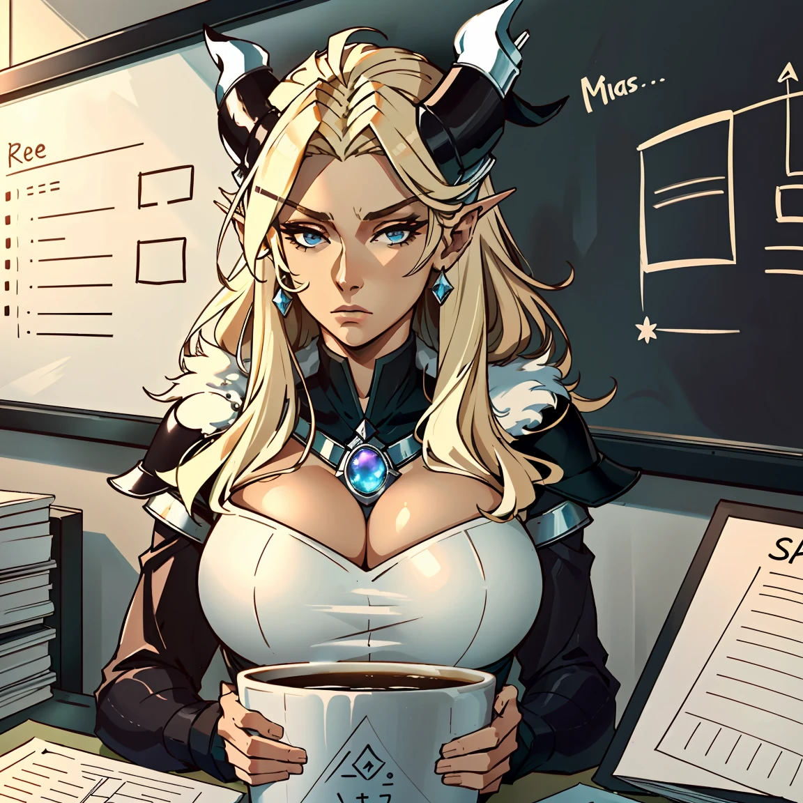 1girl,solo focus, robot girl, humanoid robot,robot joints,orange eyes,long hair, (colored skin),huge breasts,tiara, jewelry, armored dress,gold trim, sleeveles,(indoor),office,sitting,throne,table,pile of paper,document,book, pen in hand,writing, looking down, close-up,upper body,