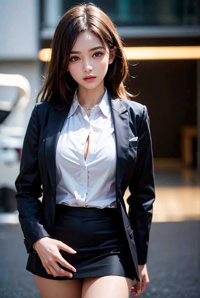 beautfull Japanease woman, top-quality, masterpiece, 1girl in, 美丽的面容, (photographrealistic:1.3), Rim lighting, (High Detail Skins:1.2), 8K UHD, Digital SLR, hightquality, hight resolution, 4K, 8K, bokeh dof, (realisitic:1.3), Wearing a black formal blazer, ample breasts, a short skirt, (Transparent blouse:1.1),