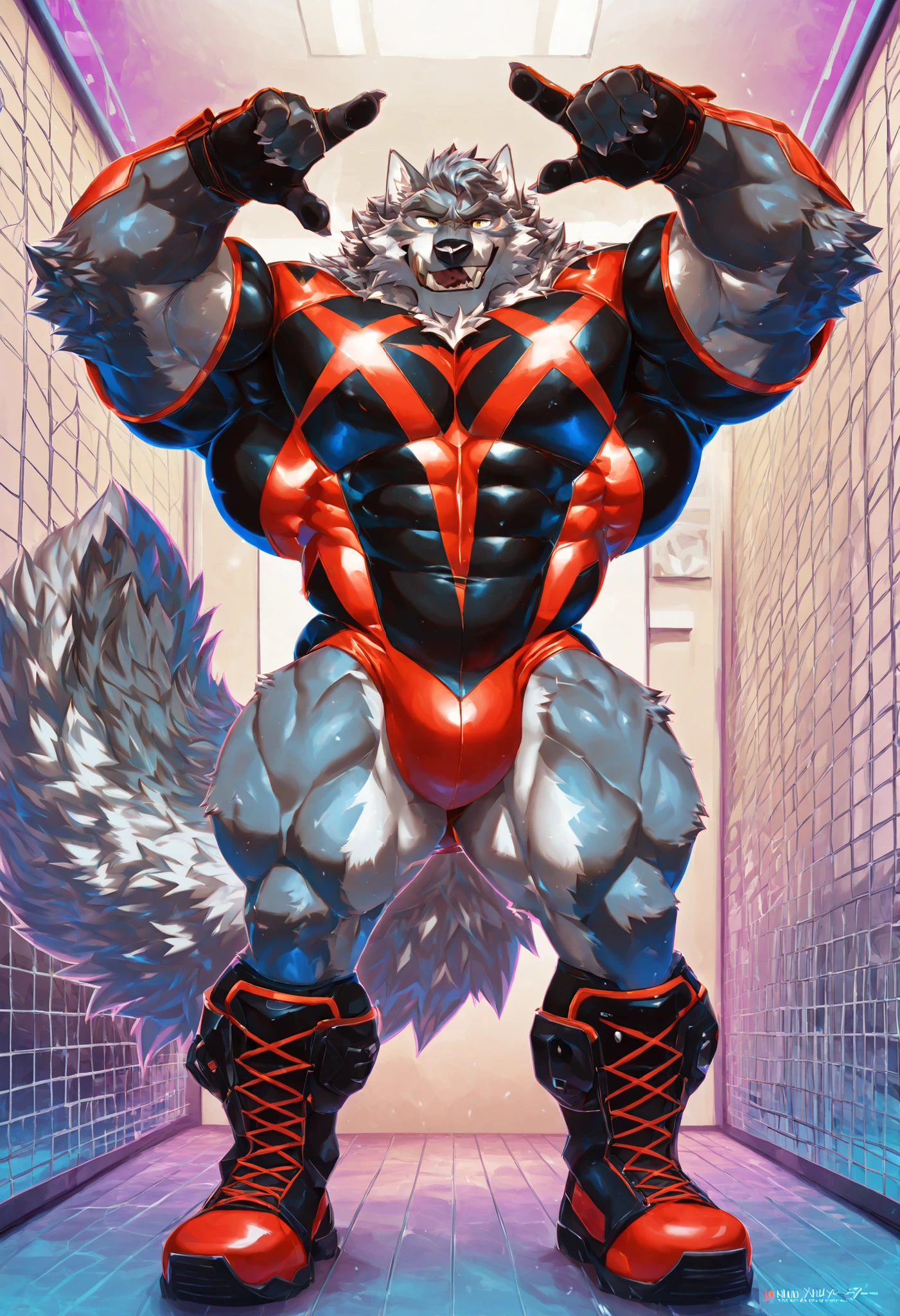 Giant Anthropomorphic Mightyena Pokemon Man, Yellow Eyes, Muscular, Looming over the viewer, Tired, Handsome, Charming, View from below, Daddy, Bara, Horny, Flirty, Older Brother, Four toed feet, cock and balls, teasy, teasing the viewer, Macro, Bully, Jock, flirting with tiny viewer, Superhero Costume, Black underwear