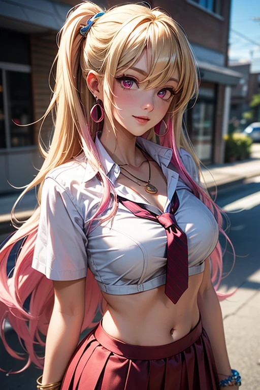 (1girl, solo, masterpiece, 4k, best quality:1.2, (cowboy shot), best quality:1.2, NICE HANDS, COLORFUL, (perfect hands, perfect anatomy)),
enoshima_junko, long hair, twintails, hair ornament, cleavage, bow, shirt, collarbone, black shirt, red bow, skirt, choker, red nails,
((SMALL breasts, big hips, looking at the viewer)), sexy toon, <lora:highleg_panties_v0.1:1>, highleg panties, panties,
((simple background, white background)), <lora:GoodHands-vanilla:0.7>