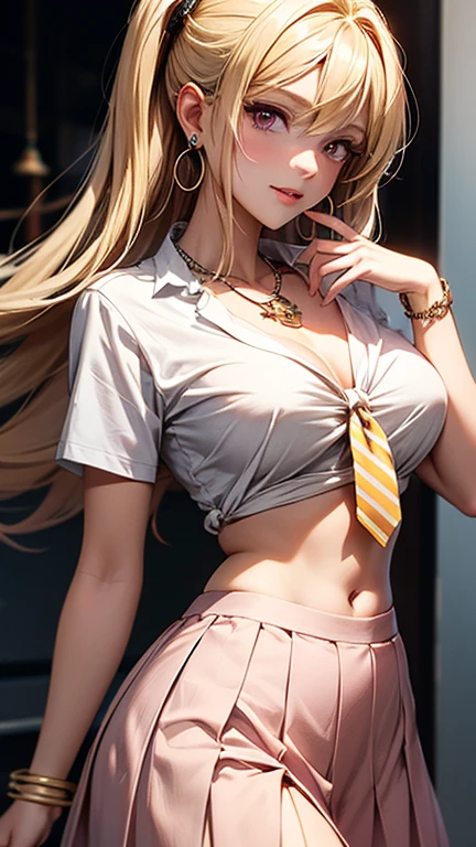 (Masterpiece: 1.4, Best Quality), (Intricate Details), Unity 8k wallpaper, super detailed, beautiful and beautiful, perfect lighting, (1 girl), (blonde hair, black eyes, big breasts), dynamic pose, dynamic angle, lipstick, big breasts, detailed background, realistic, solo, perfect detailed face, detailed eyes, highly detailed, blush, hair accessories, smile, (white short-sleeved shirt, no underwear, open shirt, exposed inner breasts: 1.5), exposed navel, (ultra-short pleated skirt:1.5), thin waist, big ass, (Long wavy, curly, long wavy), long hair, femininity