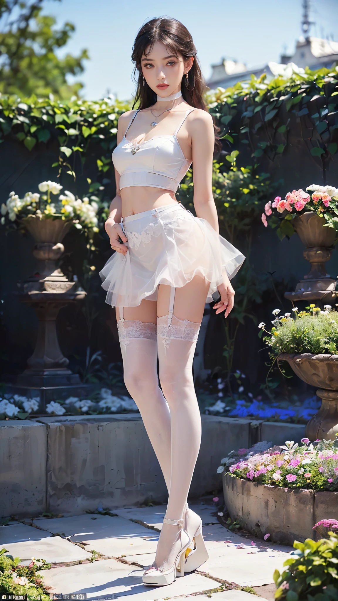 (Japanese girls are very slim, Firm and small breasts, Thin waist, very cute, baby face.:1.5),((Full body portrait:1.5)),The waist is narrow,Pure white transparent tight mini skirt underwear, Lace gloves, high heels and garters,Frightened expression,Standing with empty hands，The eyes are looking for somewhere,From a distance:1.5