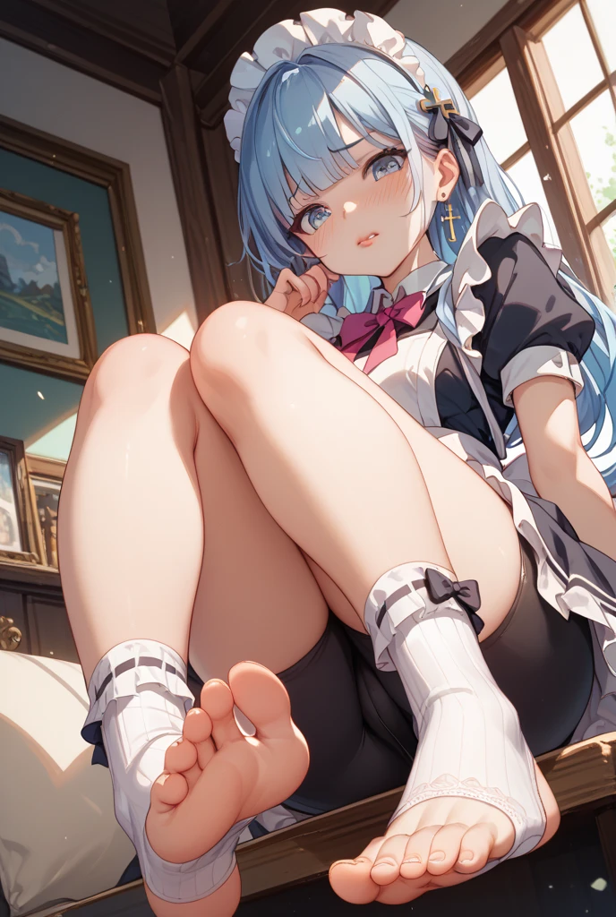 highest quality, masterpiece, ((1 girl:1.5)), ((smile:1.3)), (blush:1.3), Black Shirt, blouse, ((fun!!)), (Small breasts), Blonde, (Long sleeve), ((White apron:1.5)), ((Maid)), ((hair ornaments)), Kamimei, look at me, ((in house:1.5)), Taking a break from watching the audience, ((knees to chest:1.5)),, (Highly detailed pink striped panties:1.3), (Highly detailed panties:1.3), ((Panties fully exposed:1.5), Light blue eyes, long hair, Glowing Eyes