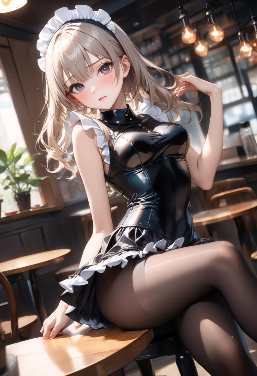 (A masterpiece of image quality in 8K),(from below:1.2),(Beautiful Allafed Woman),(((emphasizing breasts:1.0))),(Dynamic angles),(Dynamic and sexy bending pose:1.3),(sit a chair:1.3),(Short hair in shiny silver and orange inner colors,(perky chest:1.1), (pointed chest:1.3),small full breasts,Disturbance of clothing due to movement,breast slip,(Ponytail twisted buns adorned with elaborate braids and beads,Braided Setup Fishbone Hair,),(see-through bangs),small breasts、(((A white lace apron that shows your bare skin from under your small breasts)))、Blush with embarrassment、Enraptured eyes、A smile that beguiles the viewer、(Look back:1.2)、Look into the photographer,skin glistening with sweat,gazing at viewer,,(Professional Lighting),(8K,masutepiece,top-quality,Ultra-high resolution output image,),(Ultra HD with complex detail image modes),depth of fields,Beautiful hands,Beautiful fingers,Detailed finger features,(Detailed hair features:1.7),detailed facial features,detailed clothes features,