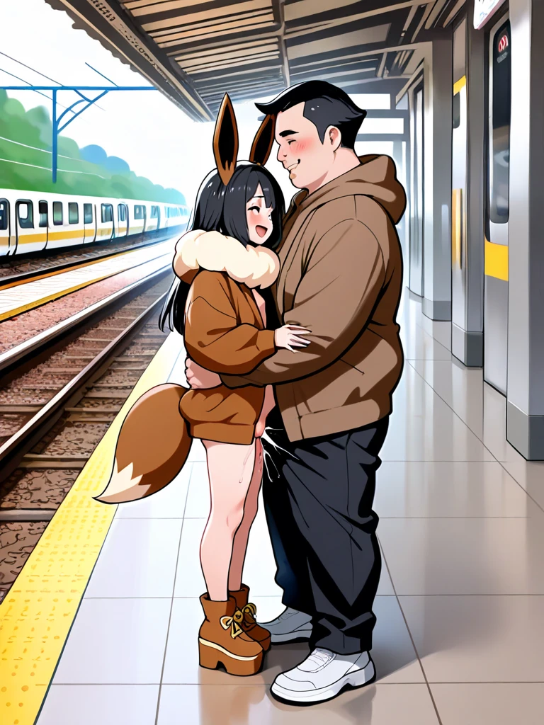 “In the official Pokémon Sword and Shield illustration style, two characters are standing together at a modern Japanese train station platform. The first is a very petite, young-looking girl with long black hair, wearing an Eevee-themed outfit based on the Cosplay s—brown hoodie with Eevee ears, a fluffy cream collar, and a small tail. She stands in the foreground with a bright, cheerful smile. Standing clearly behind her is a large chubby man in casual clothes, looking forward with a calm, friendly expression. The station background includes tiled floors, platform signs, and a visible train. The illustration has clean outlines, flat colors, and mimics the official Pokémon trainer artwork style.”,full body, detailed penetration, visible genitals, explicit, no censorship, realistic anatomy, cowgirl position, open clothes, Instead of saying, pussy juice, vaginal,sex hug, supright straddle