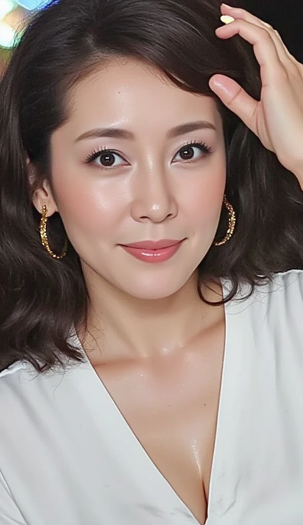((Highest quality)), ((8K)), ((masterpiece: 1.3)), (Perfect appearance), (Photorealism: 1.6), (AYN), (Woman portrait), (Japanese Mature), (Blurred Background), ((Looking here, A woman in the center of the screen)), ((Realistic skin texture)), (Fine wrinkles all over the skin), (Dullness), (Unmoisturized skin), (Facial wrinkles), (Wrinkles around the eyes), double eyelid, Lower eyelid tear trough, (Crying Mole), (Brown eyes), (Precise eyeball), Closed lips, Calm expression, (Dimples), (Straight hair), (Long Hair), (Thin and smooth hair), (Both ears are visible), (Medium), (Saggy breasts), (Breasts that have lost their firmness and sagging), (Wide-necked blouse), (Focus on the face),